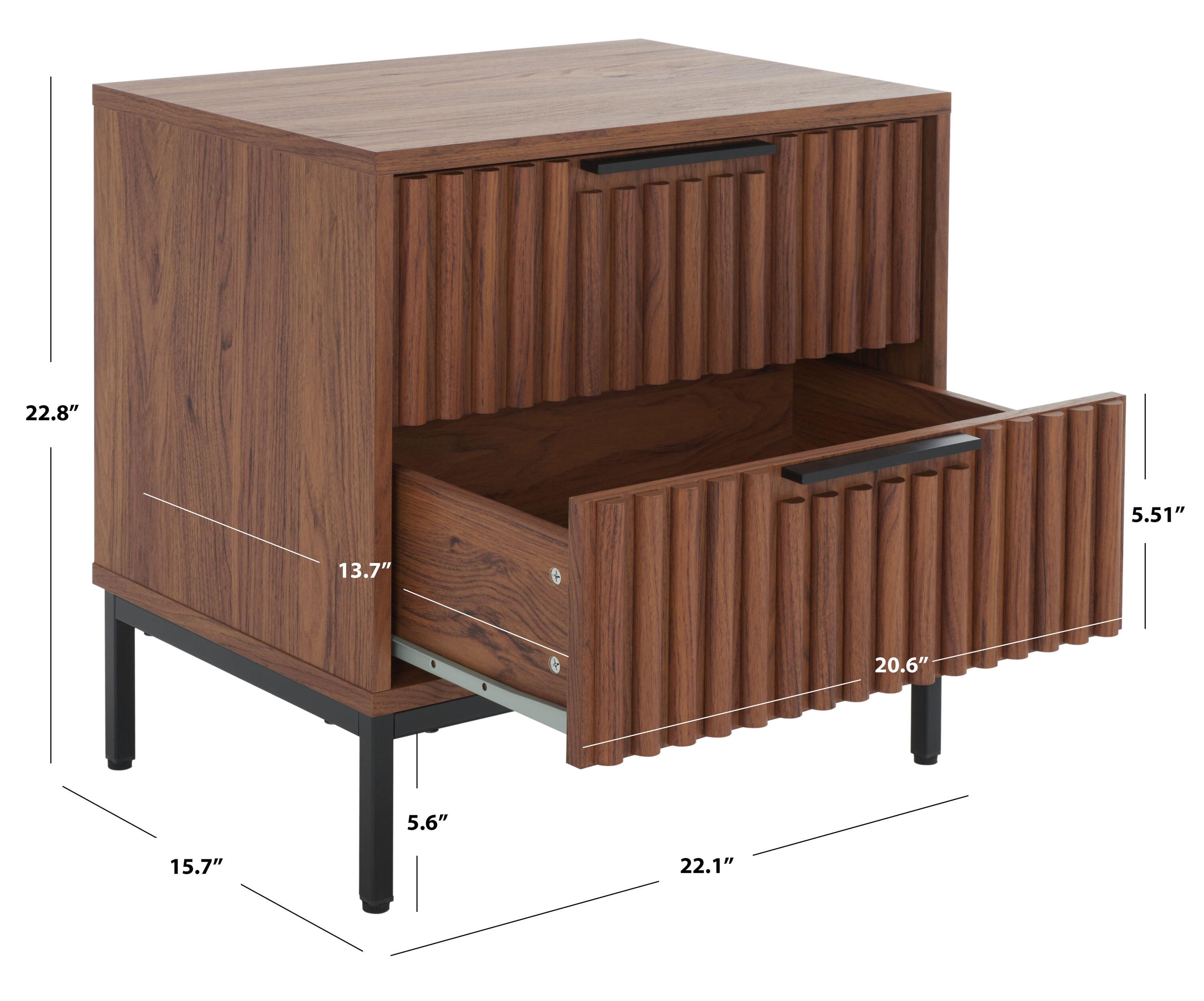 Walnut and Black Modern 2 Drawer Nightstand with Fluted Detail