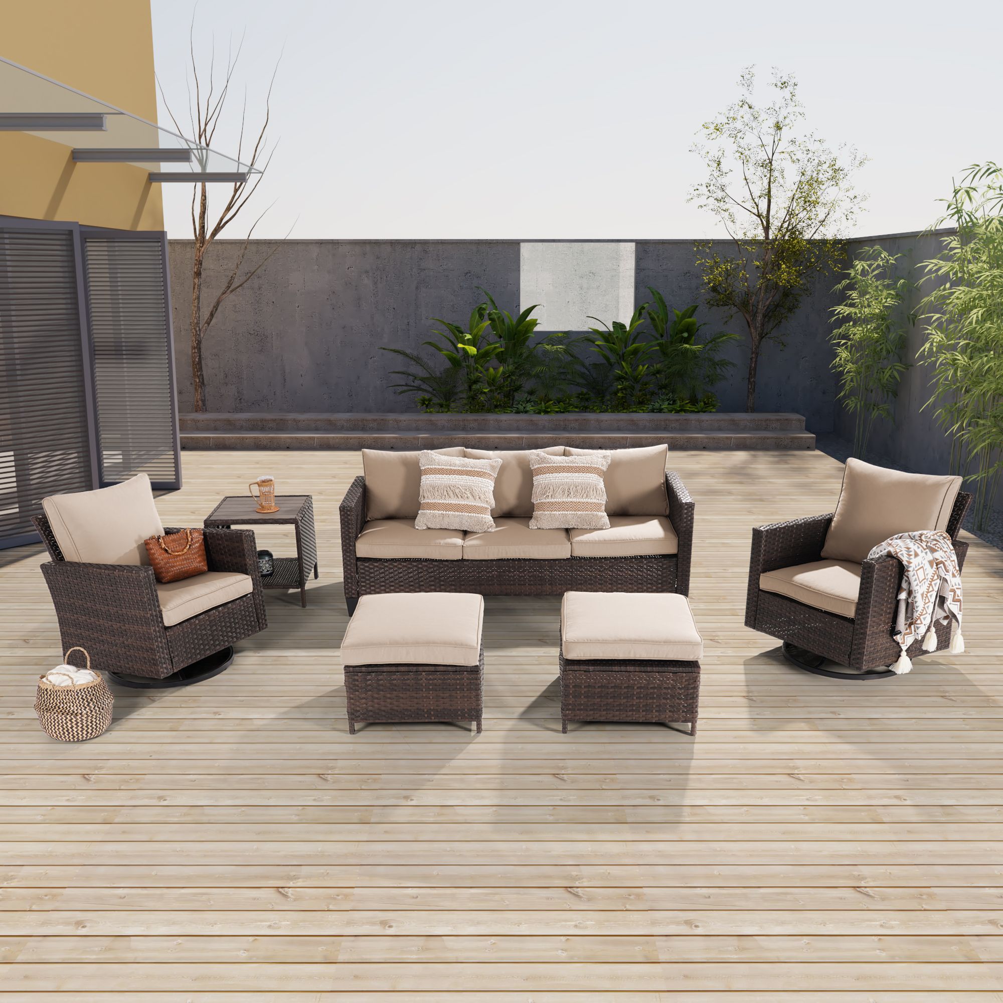 Sonkuki SD-AB-HOG-952RT3 6 -Piece Wicker Patio Sofa Conversation Set with Tan Cushions