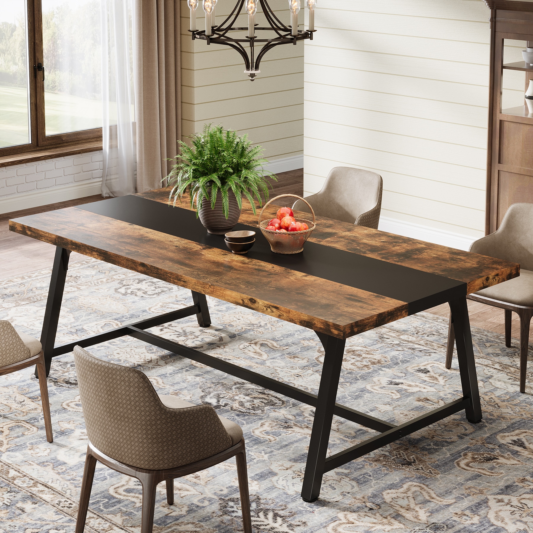 Tribesigns LWFD-F1969 Rustic Brown Contemporary/Modern Wood Dining Table, with Powder coating Finish and Metal 70.9-in L x 29.9-in H
