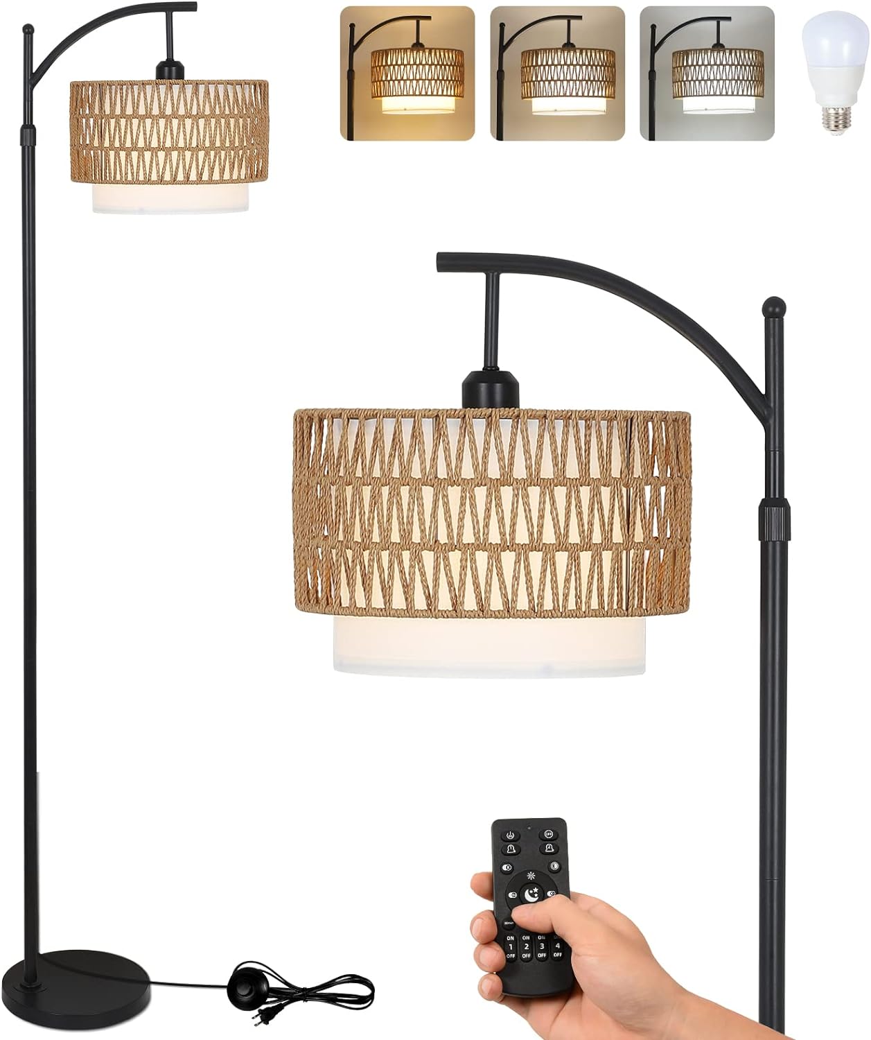 Tatayosi JJ-185402 Farmhouse Boho Arc Floor Lamp with 3 Color Temperatures Remote Dimmable Bulb Rattan Fabric Shades Adjustable Tall Standing Lamp for Living Room Bedroom Office