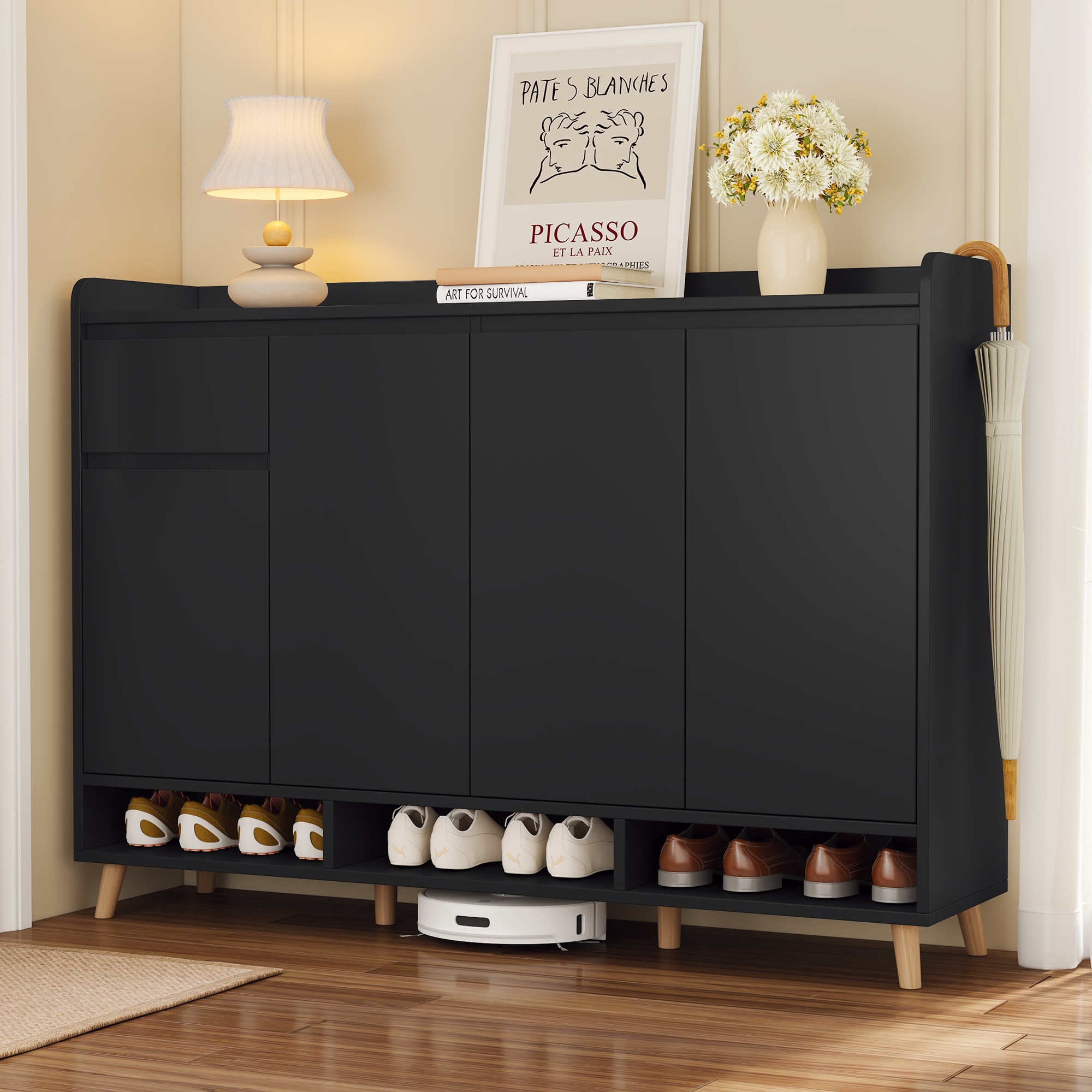 LOVMOR SF-M-WF321211AAB Sleek and Contemporary Shoe Cabinet with Adjustable Shelves Minimalist Home Organizer with Solid Wood Legs Storage Sideboard for Entryway Living Room Black
