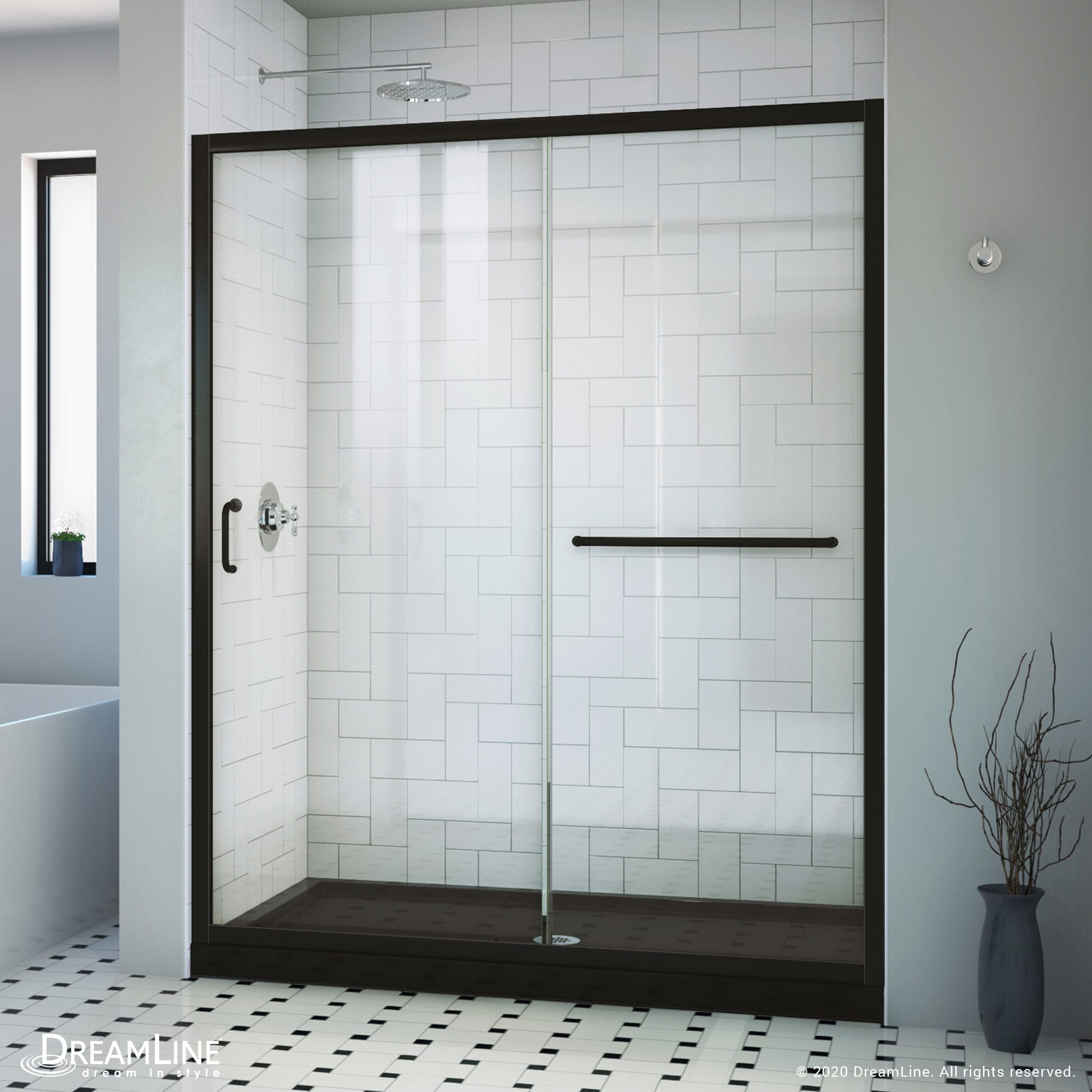 DreamLine DL6970CLC-88-09 Infinity-Z 2 -Piece 60-in W x 30-in L x 75-in H Rectangular Alcove shower kit ( Center Drain) Base and Door Included Black Hardware Included