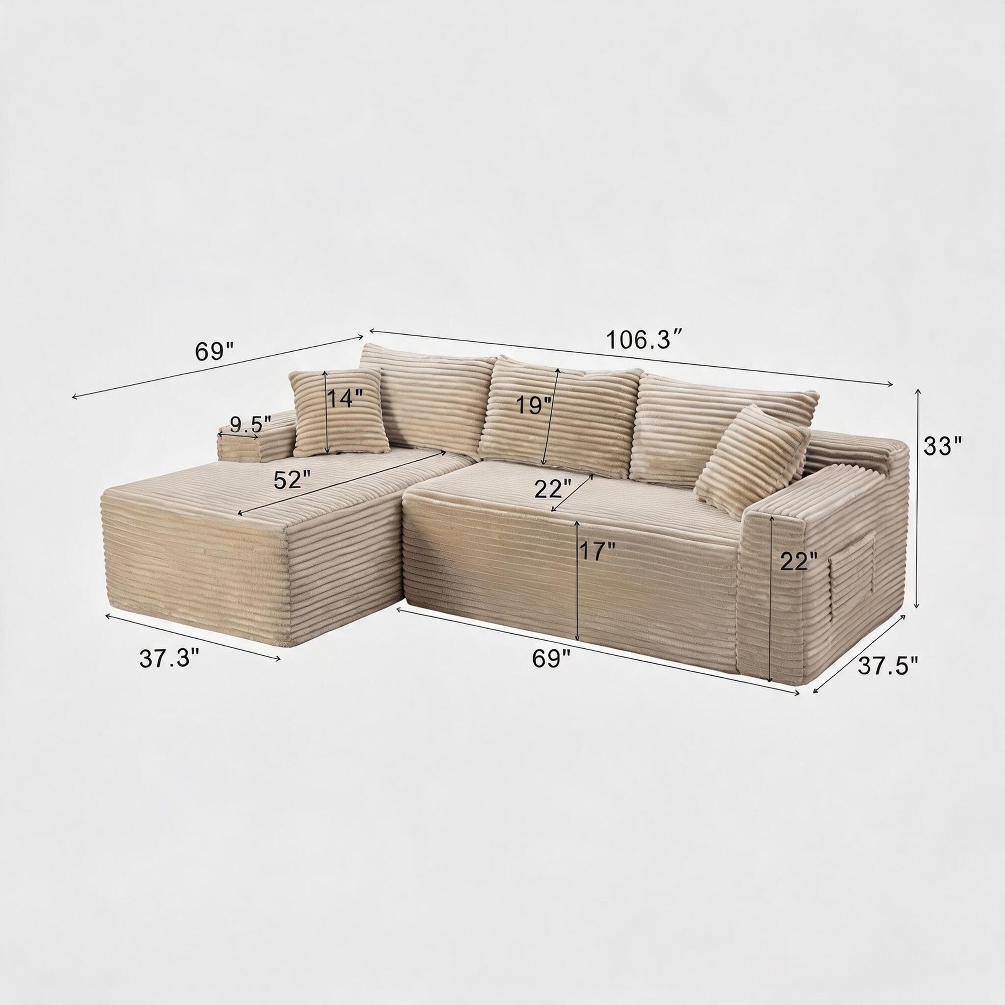 UOI 106 inch Camel Corduroy Cloud Modular Sectional Sofa Couch with L ...