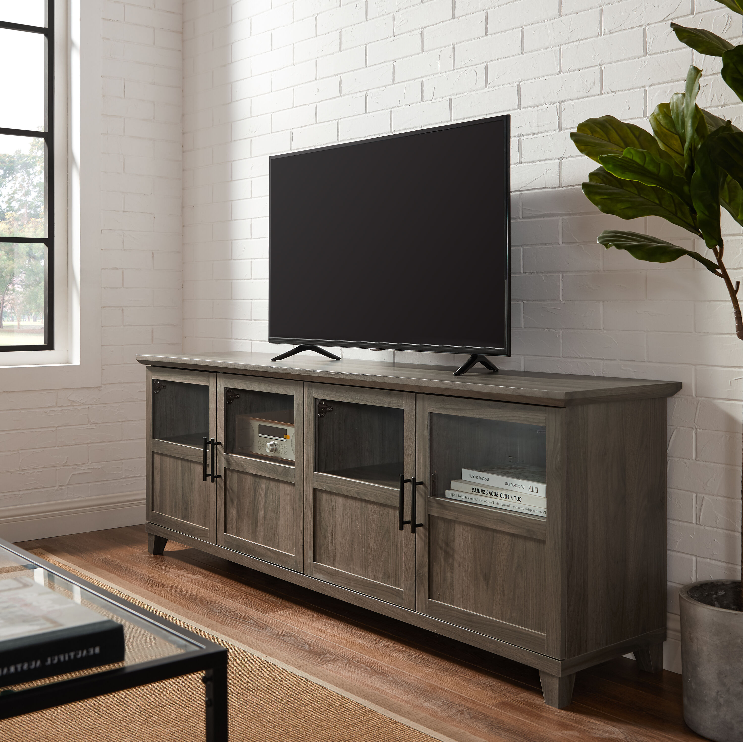 allen + roth Transitional Ash White Tv Stand (Accommodates TVs up