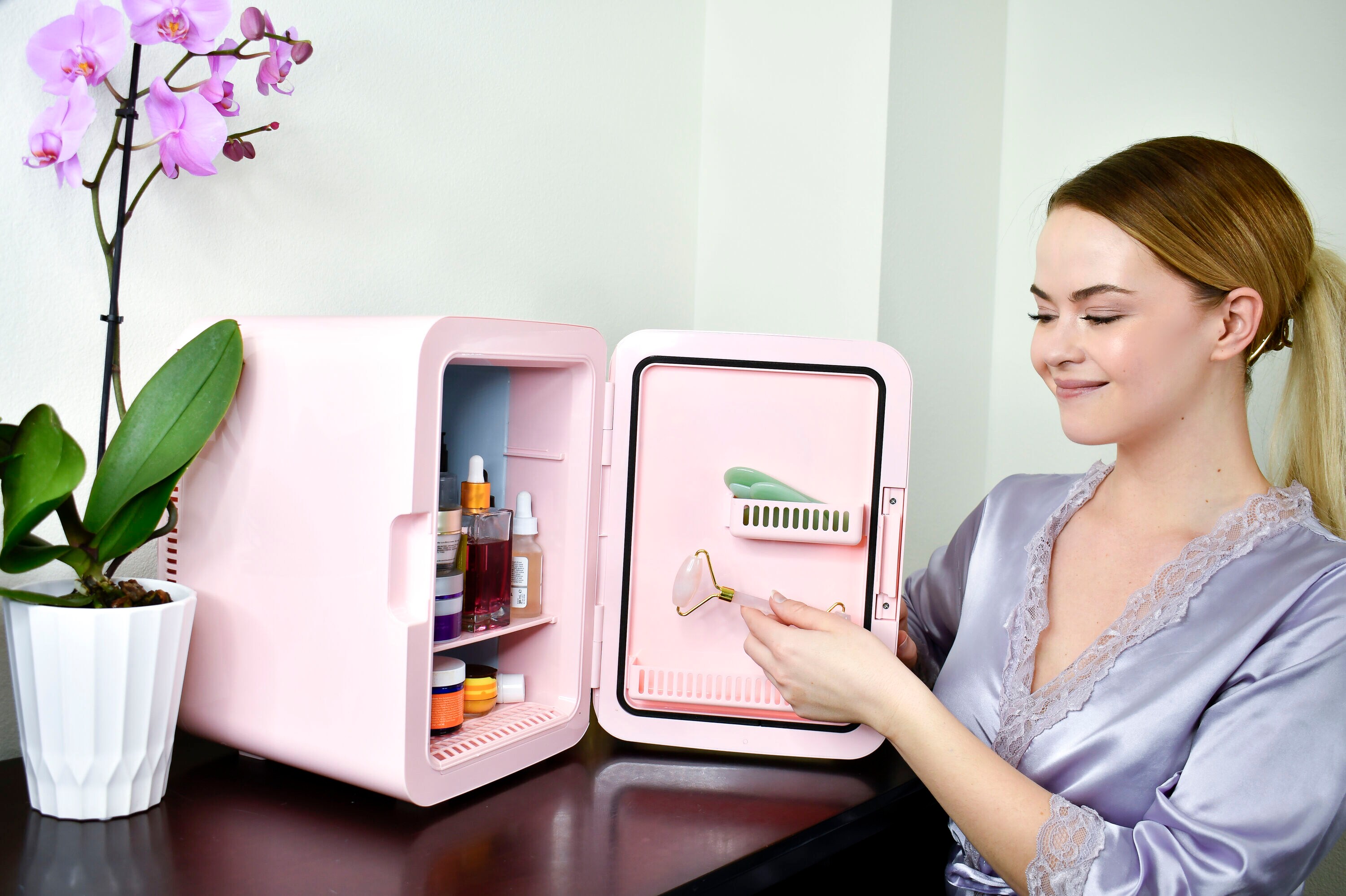 Compact Pink Thermoelectric Mini Fridge with Lighted Mirror Door