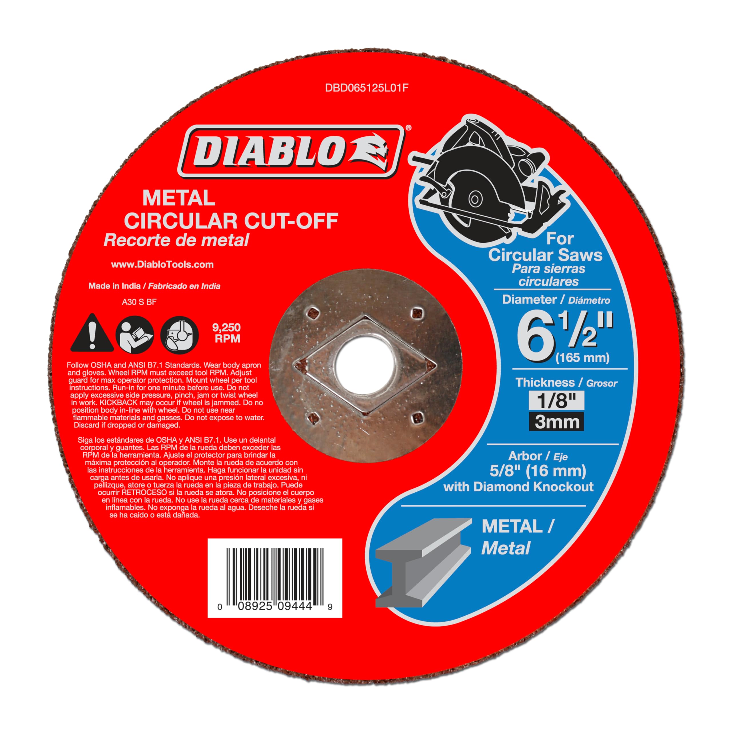 Freud Diablo Metal Cut - Off Disc - Superior Performance - 6-1/2 Diameter 5/8 DKO Arbor 1 Hub Type 1/8 Thickness 9250 Max RPM - DBD065125L01F
