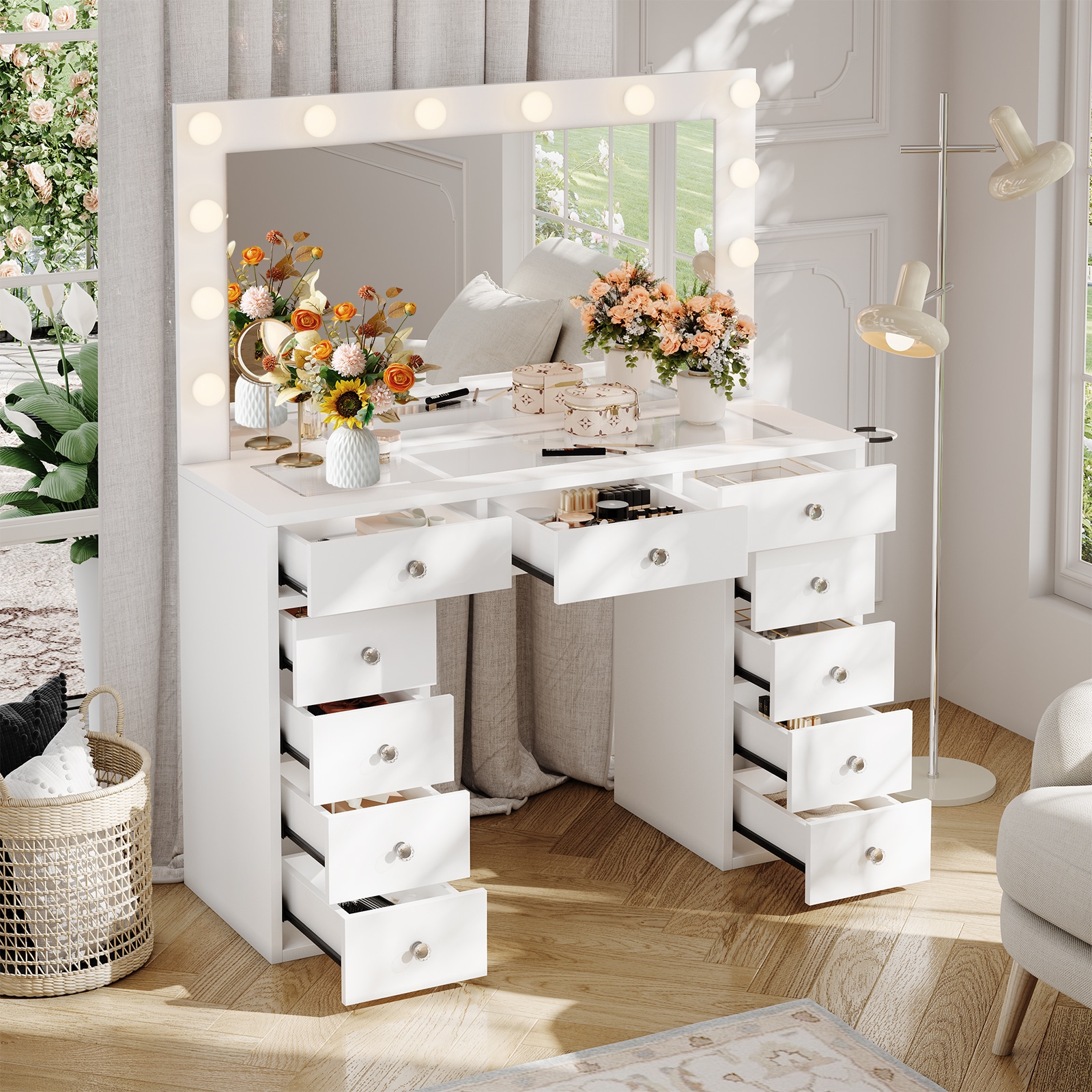 Aoile Vanity Desk With Mirror and Lights 3-Color Lights Adjustable