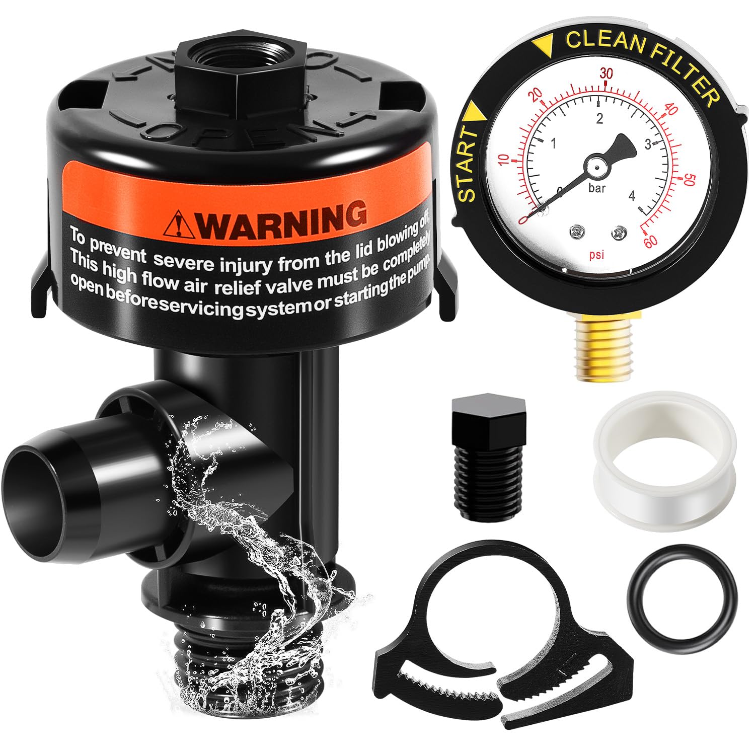 AKSCYZM  High Flow Manual Relief Valve Kit with Pressure Gauge Replacement for Pool and Spa Filters Compatible with CC200 CC150 CC100 CC75 CC50