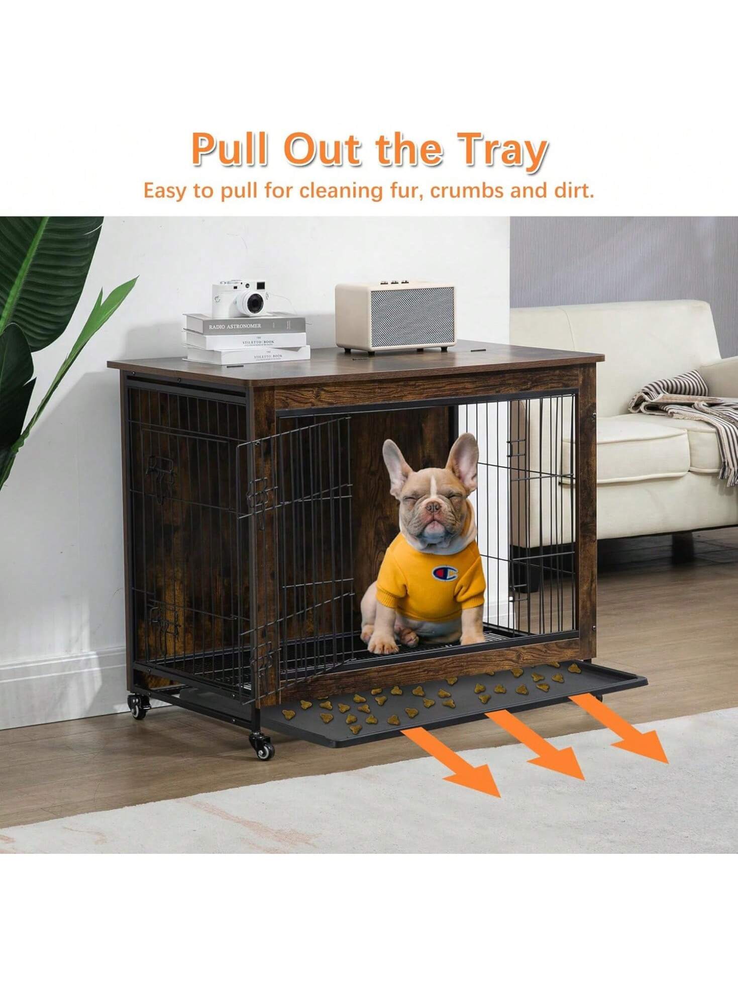 Qeetex BY-PPS-3395XC3B Small Dog Crate Furniture With 2 Doors And Wheels Heavy Duty Wooden Indoor Kennel Dog House Cage Side End Table For Small Medium Dogs Anti-Chew