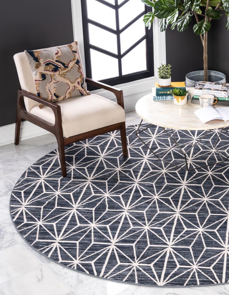 Unique Loom 3141105 Jill Zarin Fifth Avenue Uptown 8 x 8 (ft) Loomed Polypropylene Navy Blue Round Indoor Trellis Industrial Area rug