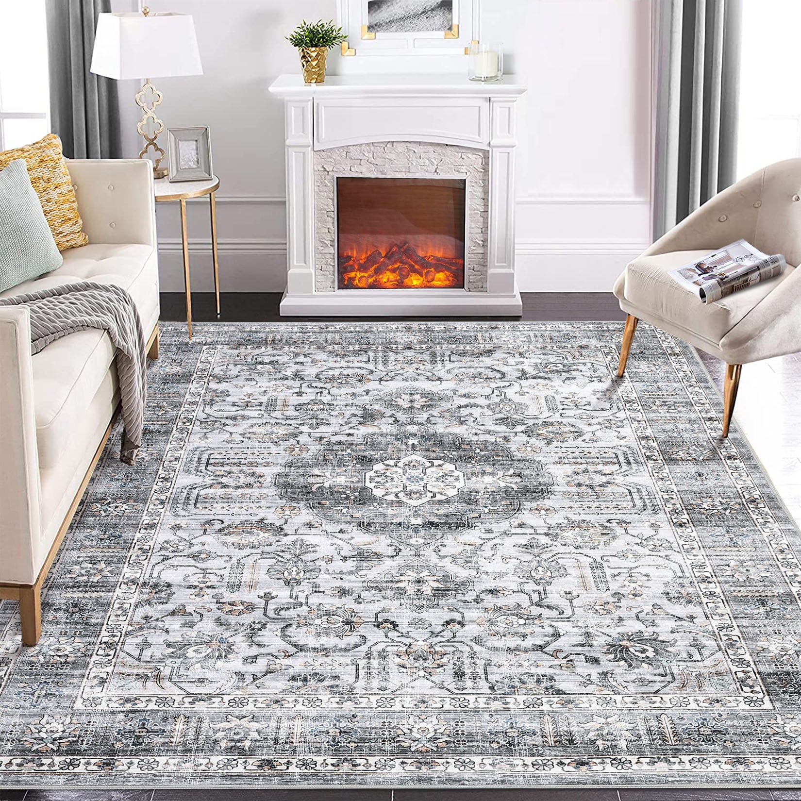Garvee YXY-LO-PHO-11QDXMRR 9 x 12 (ft) Polyester Gray Rectangular Indoor Medallion Vintage Machine washable Area rug