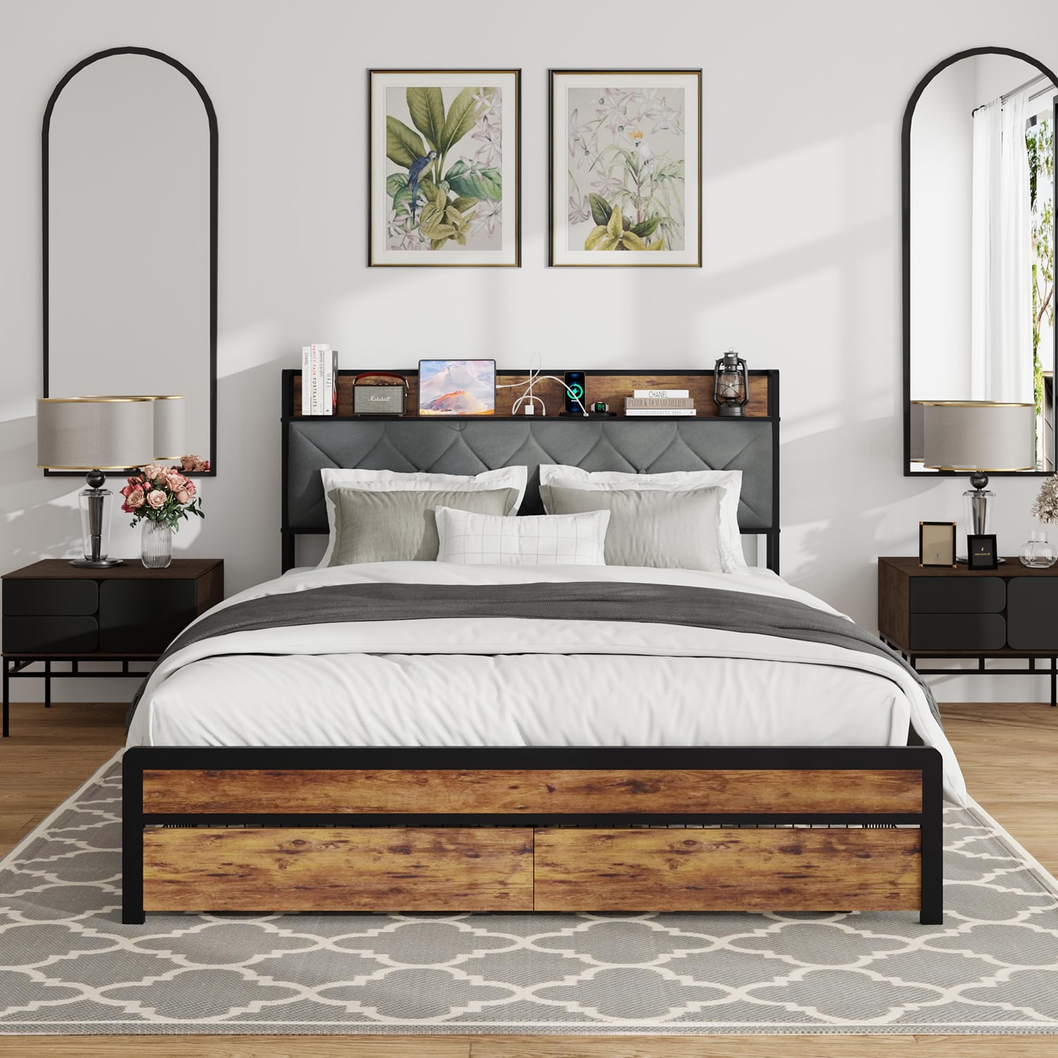 GZMR GZ-JH3661K Queen Size Bed Frame with 2 Storage Drawers LED Light Brown Queen Metal Bed frame Bed with Storage