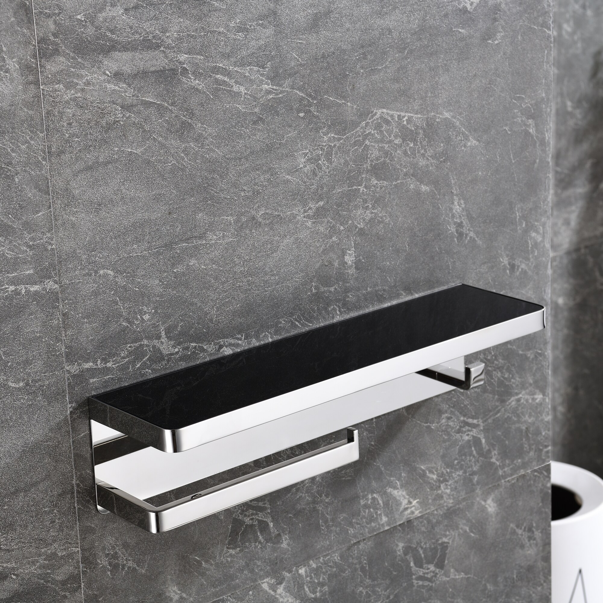 Lexora Bagno Bianca Stainless Steel Black Glass Shelf w/ Toilet Paper Holder - Gun Metal