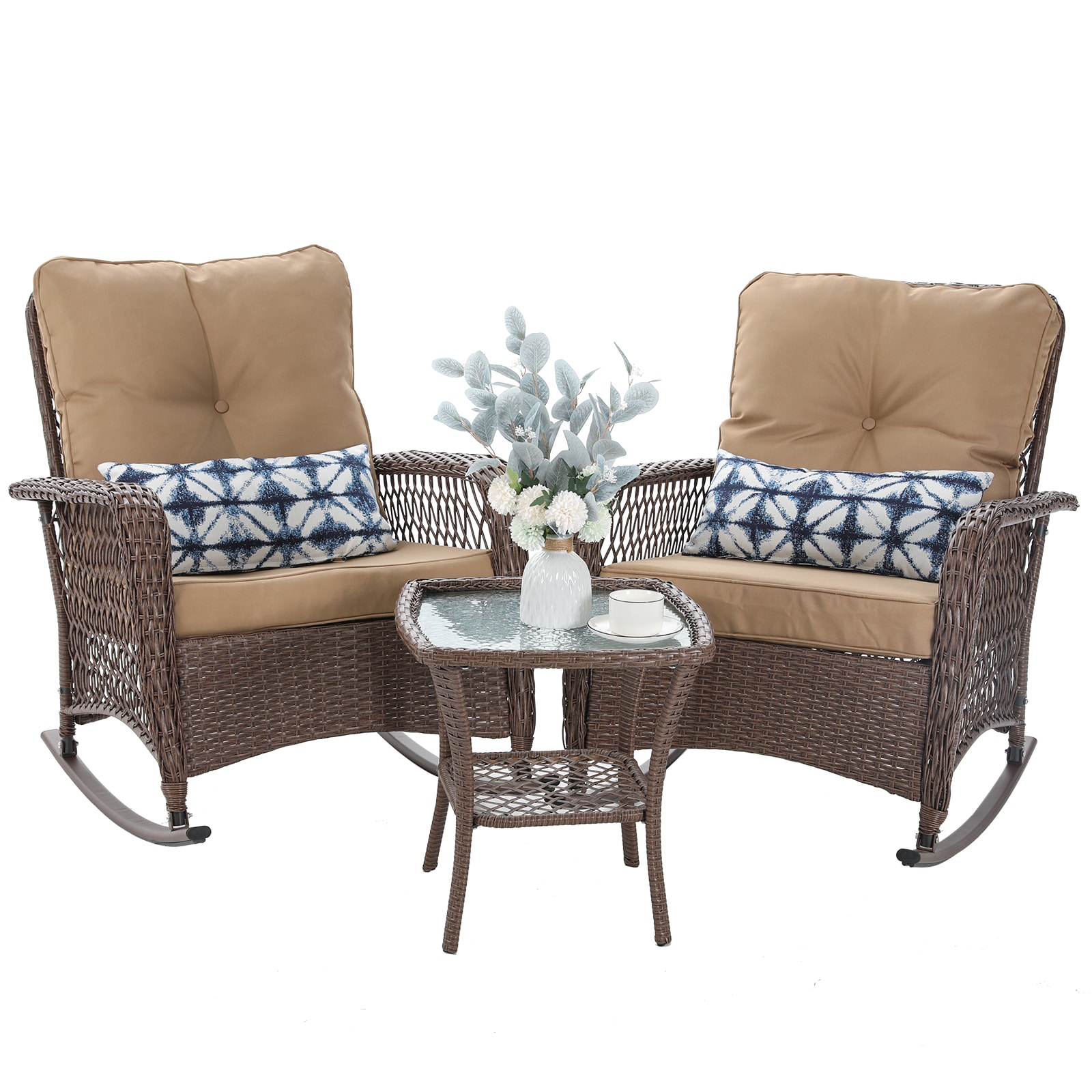 UDPATIO BTYY002ZTKK-LW Ashland Set of 2 Wicker Brown Metal Frame Rocking Chair with Tan Cushioned Seat