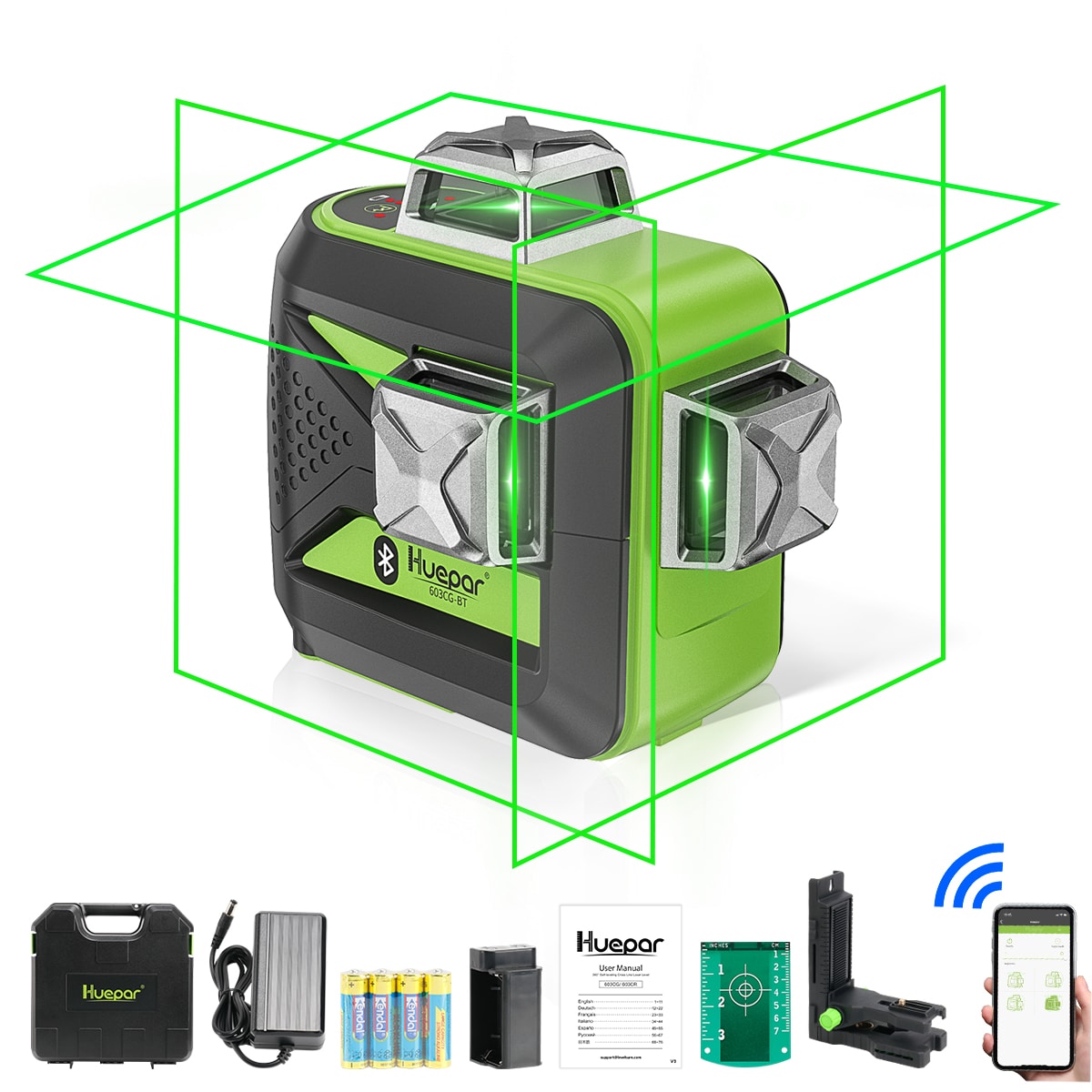 Huepar 603BT-H 200-Feet Green 360-Degree Self-Leveling Cross-line Laser Level
