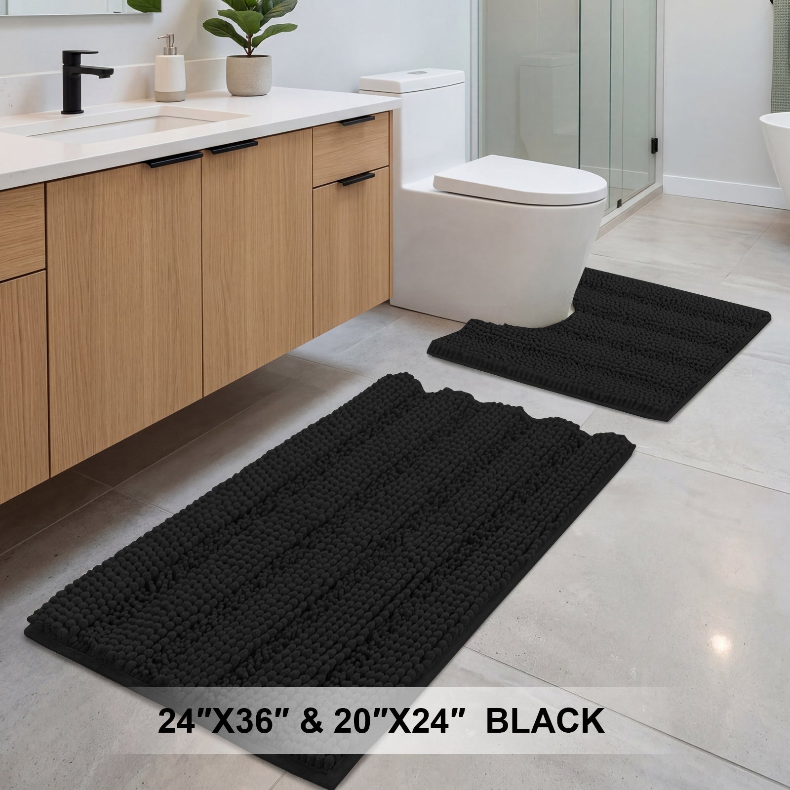 H.Versailtex  Black Chenille Bath Rug Set 2Piece ExtraThick Striped Shaggy Bath Mats with NonSlip Backing 24 x 36 in