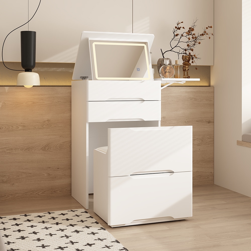 Homsee C-KF210303-01 White Wooden Vanity Table with Flip Top Mirror LED Lights Foldable Side Table 2 Drawers and Removable Stool