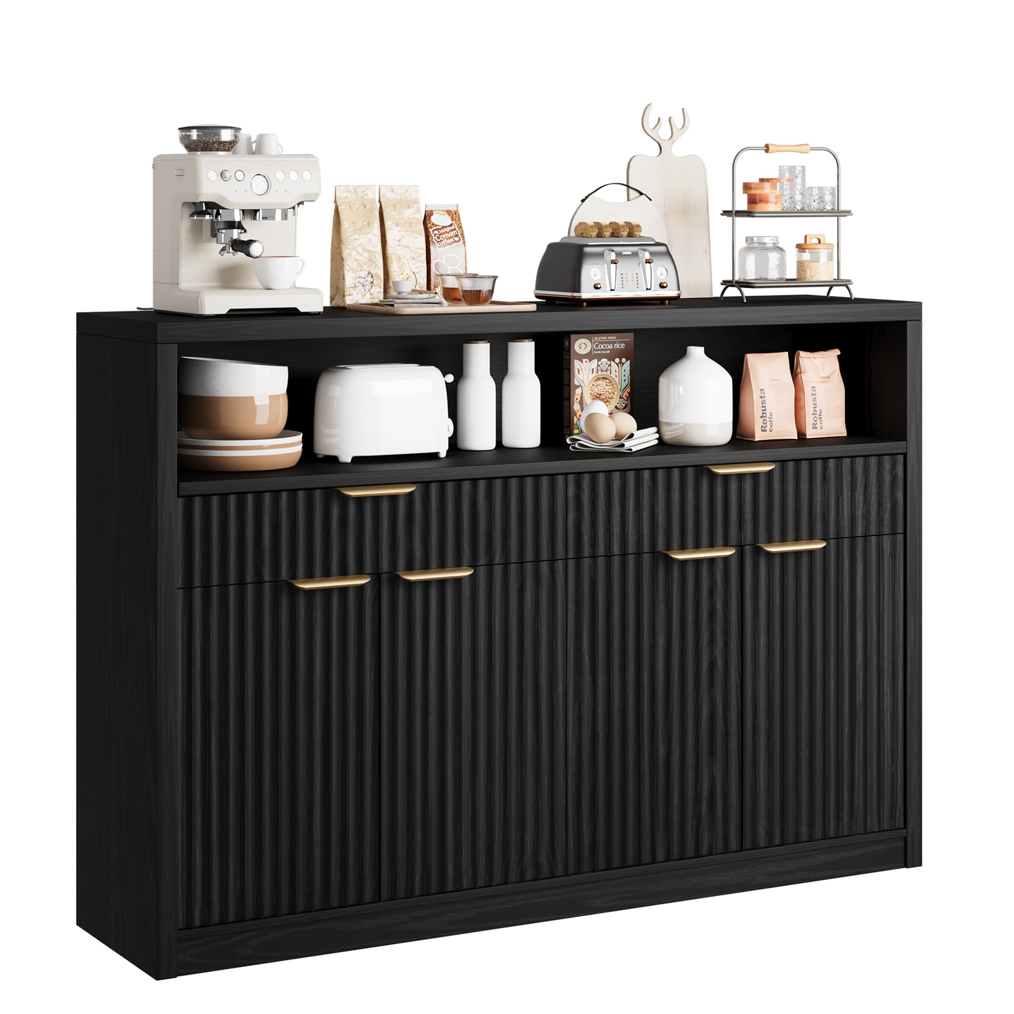IdealHouse 51 Inch Modern Buffet Sideboard Cabinet with Doors and Adjustable Shelves - Wooden Kitchen Dining Storage Hutch for Serveware and Coffee Bar - Black