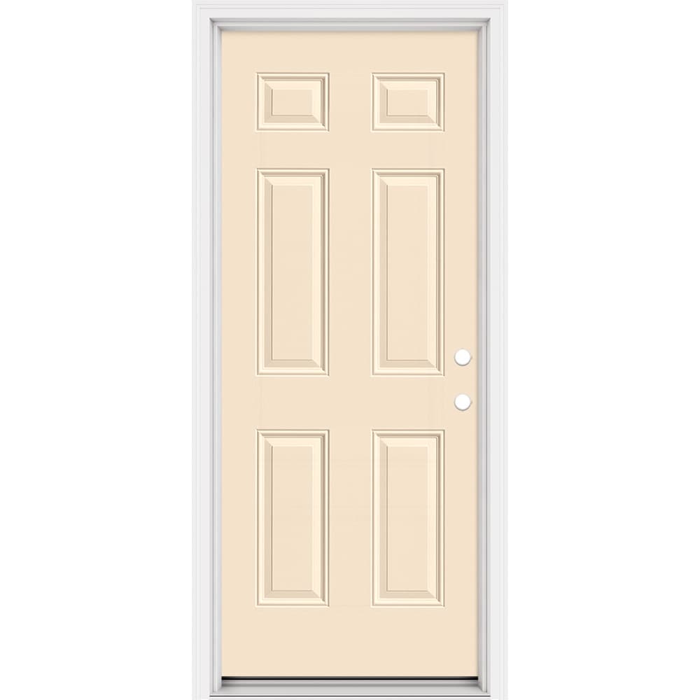 Masonite 321079 Steel Doors Series 32-in x 80-in x 4-9/16-in Steel No glass Left-hand inswing Bisque Painted Prehung Front Door with Brickmould Insulating core