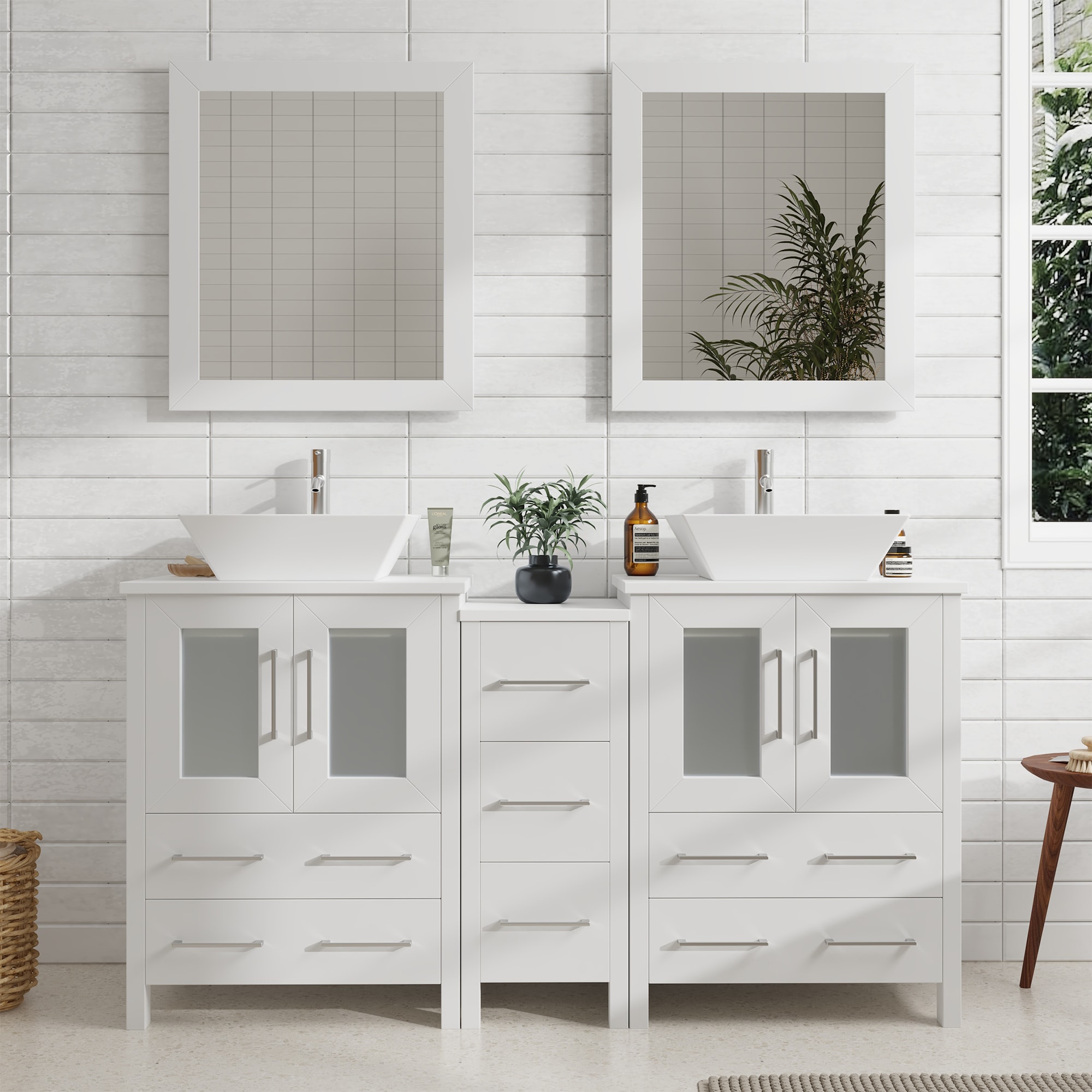 Vanity Art VA3124-60W Ravenna 60-in White Double sink Bathroom Vanity with White Engineered marble Top (Mirror Included)