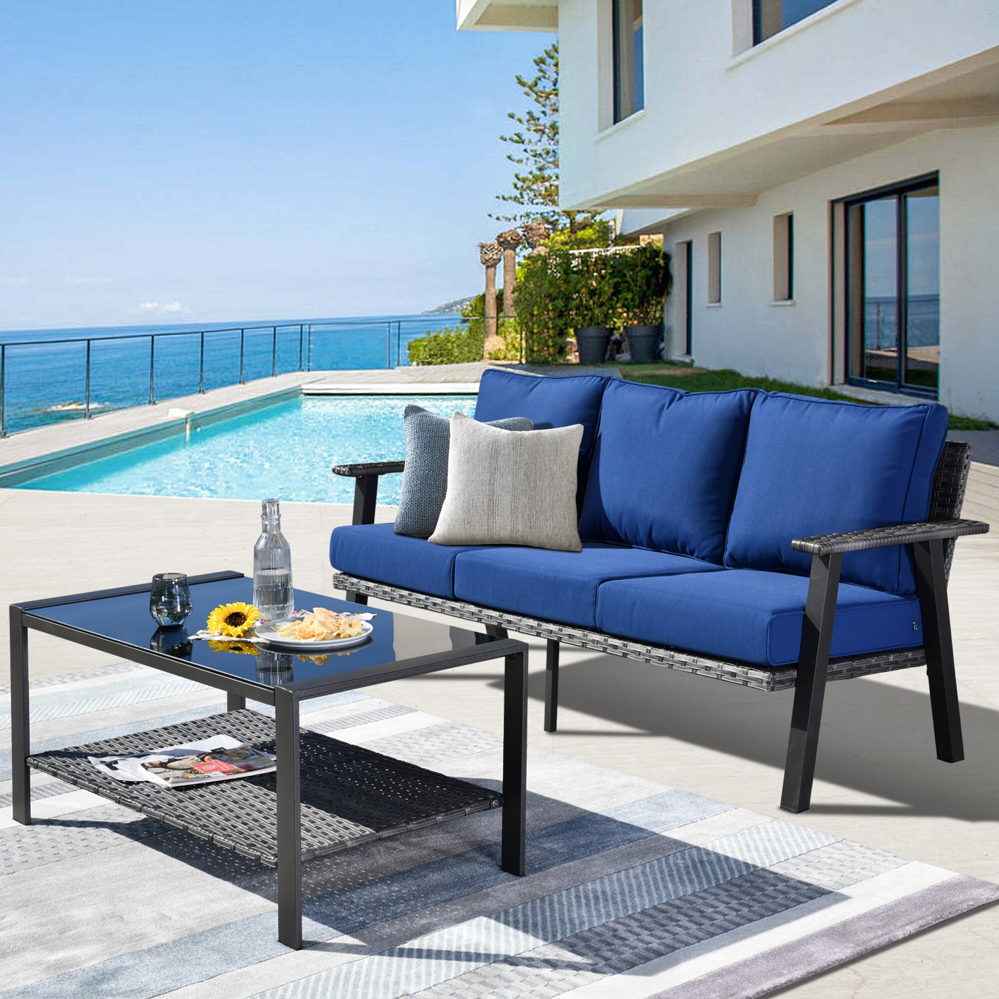Pouuin SHW70T05A Hw Rattan Outdoor Sofa with Blue Cushions and Steel Frame