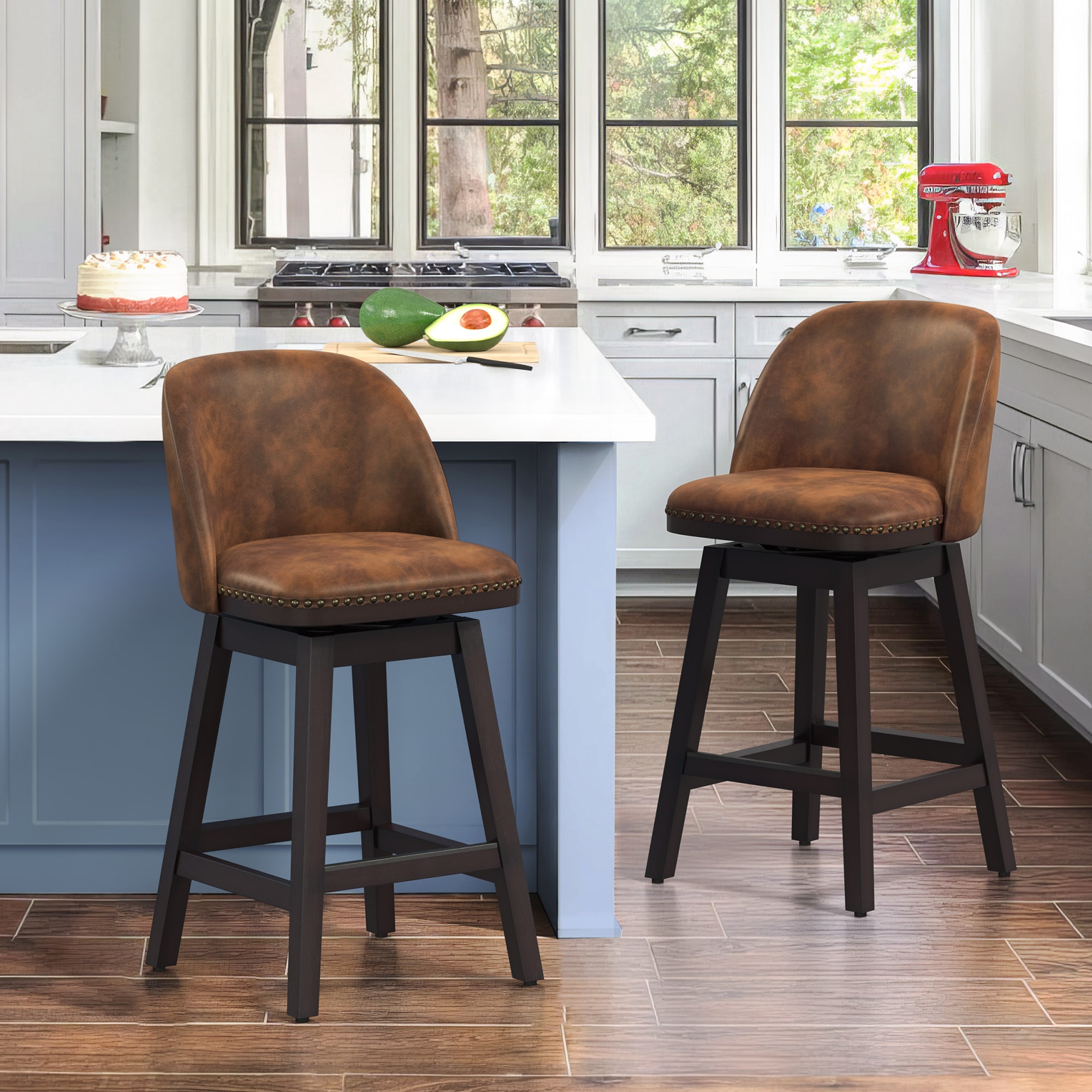 LUE BONA YB-009-03LS Set of 2 Brown/Faux Leather 26-in H Counter height (24-in to 27-in) Square Seat Upholstered Swivel Wood Back Bar Stool Back