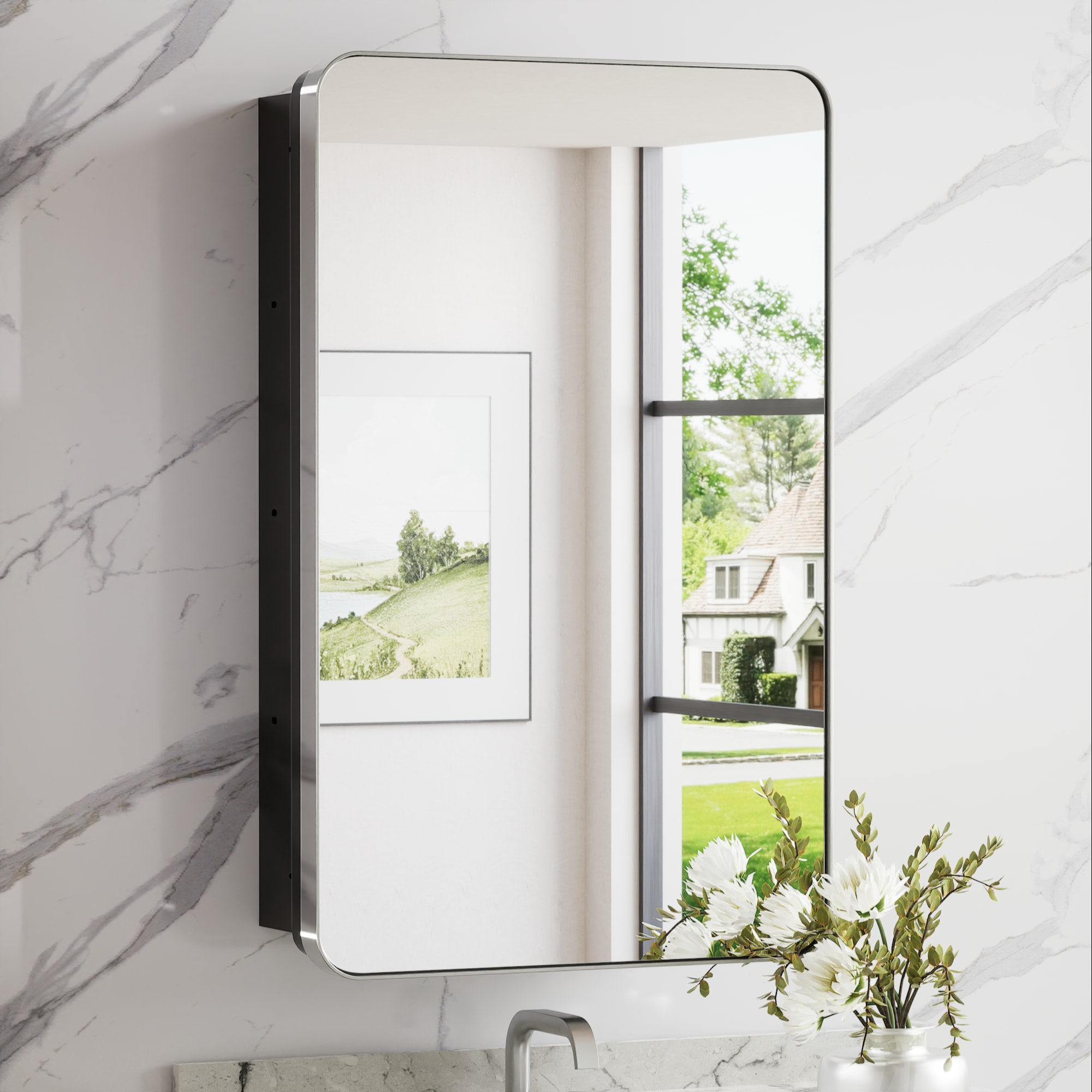Keonjinn LW-JSKJG-YJ-5181CH 20-in x 32-in Surface/Recessed Mount Chrome Mirrored Rectangle Soft Close Medicine Cabinet