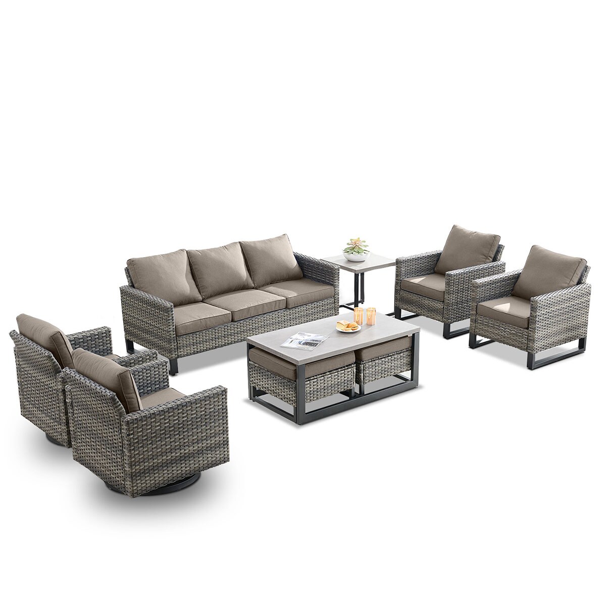 Rilyson FS062063069065070-3 9 -Piece Wicker Patio Sofa Conversation Set with Gray Cushions