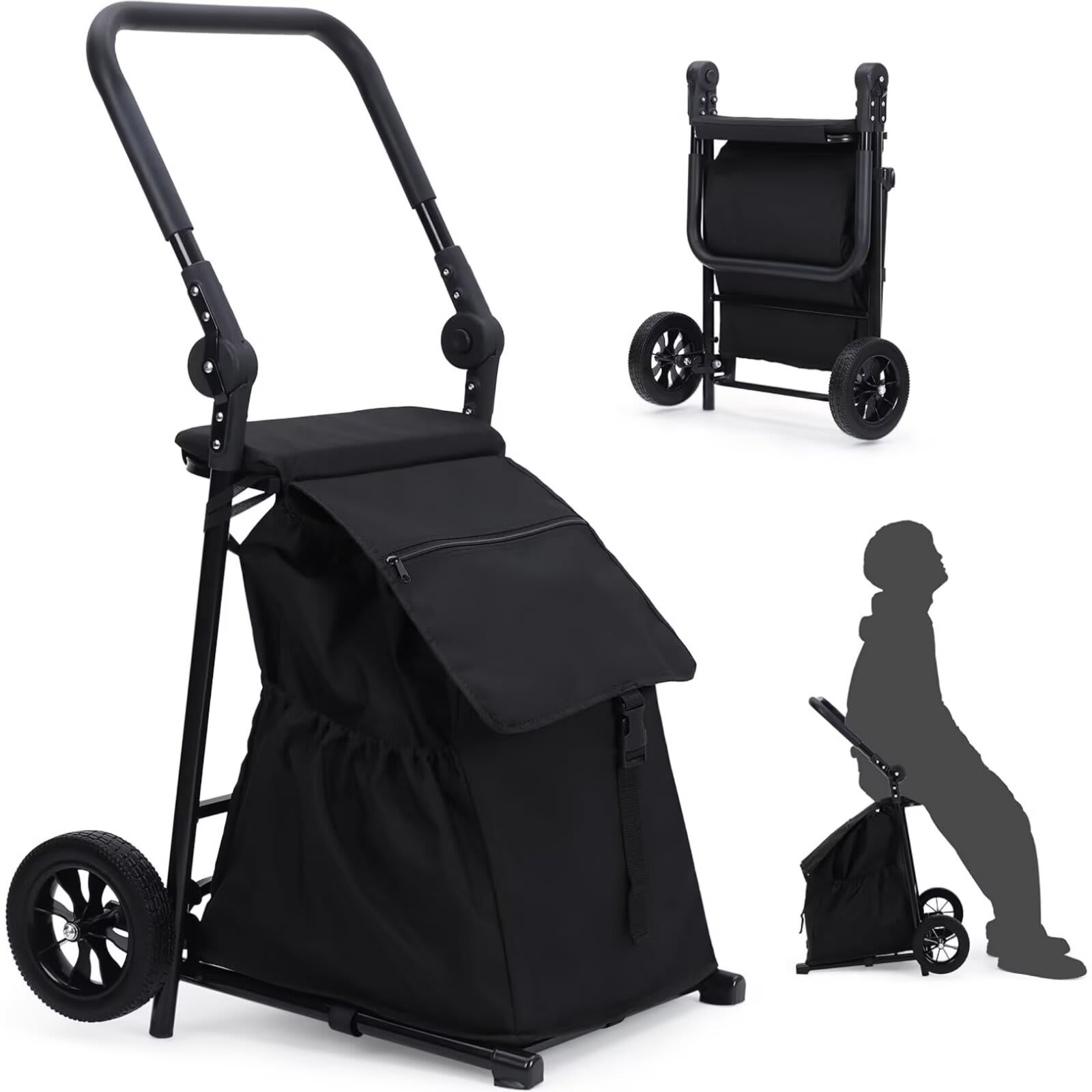 Qeetex 2 In 1 Foldable Grocery Cart Heavy Duty Hand Truck with Cushioned Seat Removable Waterproof Bag Portable Trolly Dolly Utility Cart Rolling Shopping Cart for Groceries #JXNAG-PHO-34XKPXSC