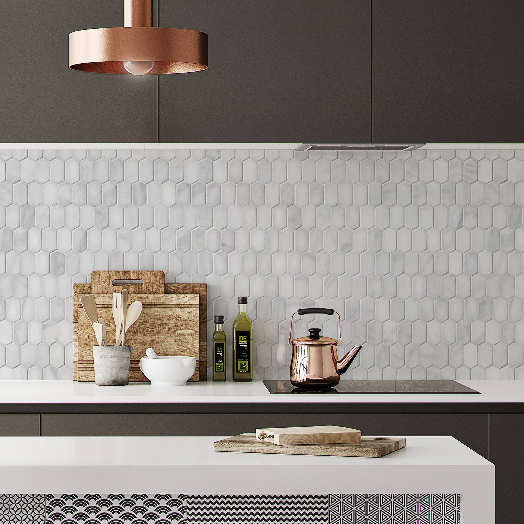 12" x 10" White Carrara Marble Hexagonal Mosaic Tile