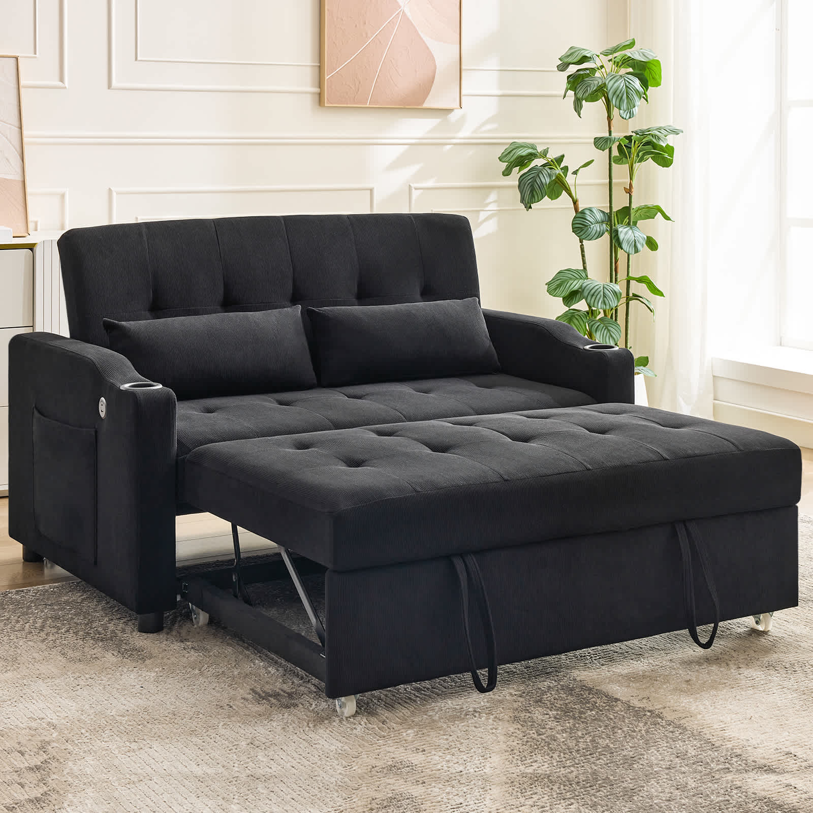 Qeetex CCPHK-345NACYE Convertible 3-in-1 Sleeper Sofa Bed Corduroy Futon Adjustable Backrest Pull Out Bed