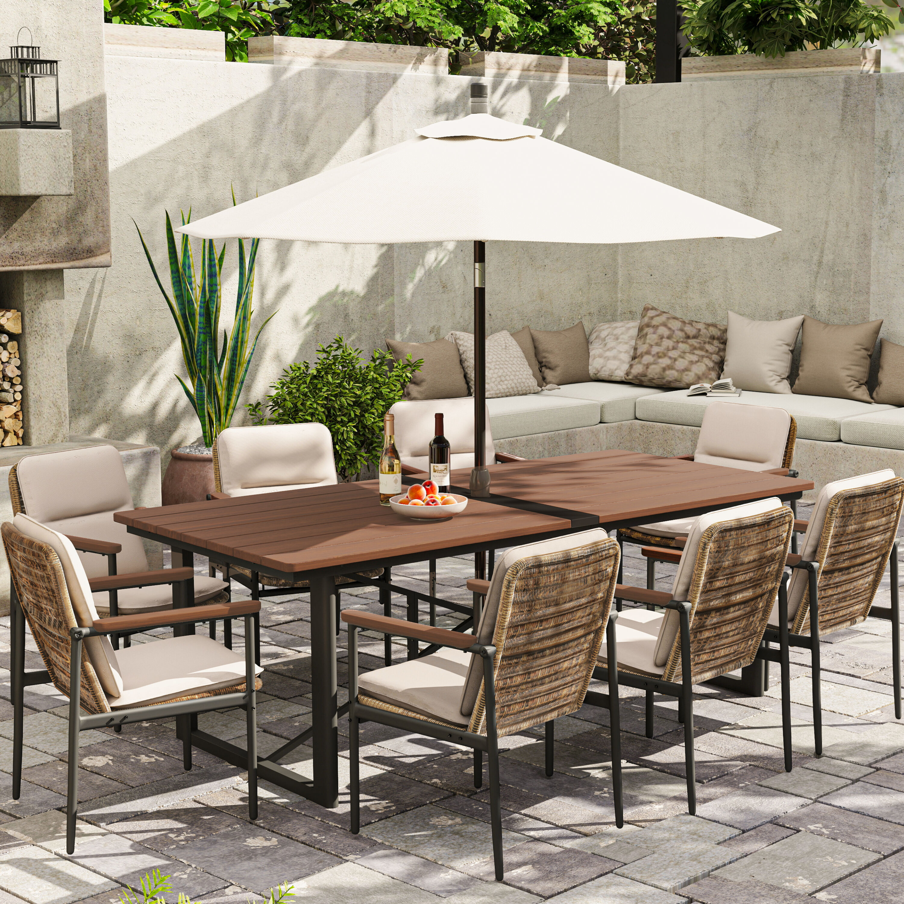  EL-CZ9-ZM-G1-WL3 9 -Piece Black Wicker Patio Dining Set Aluminum Rectangle Table with 8 Gray Cushions Stationary Chairs