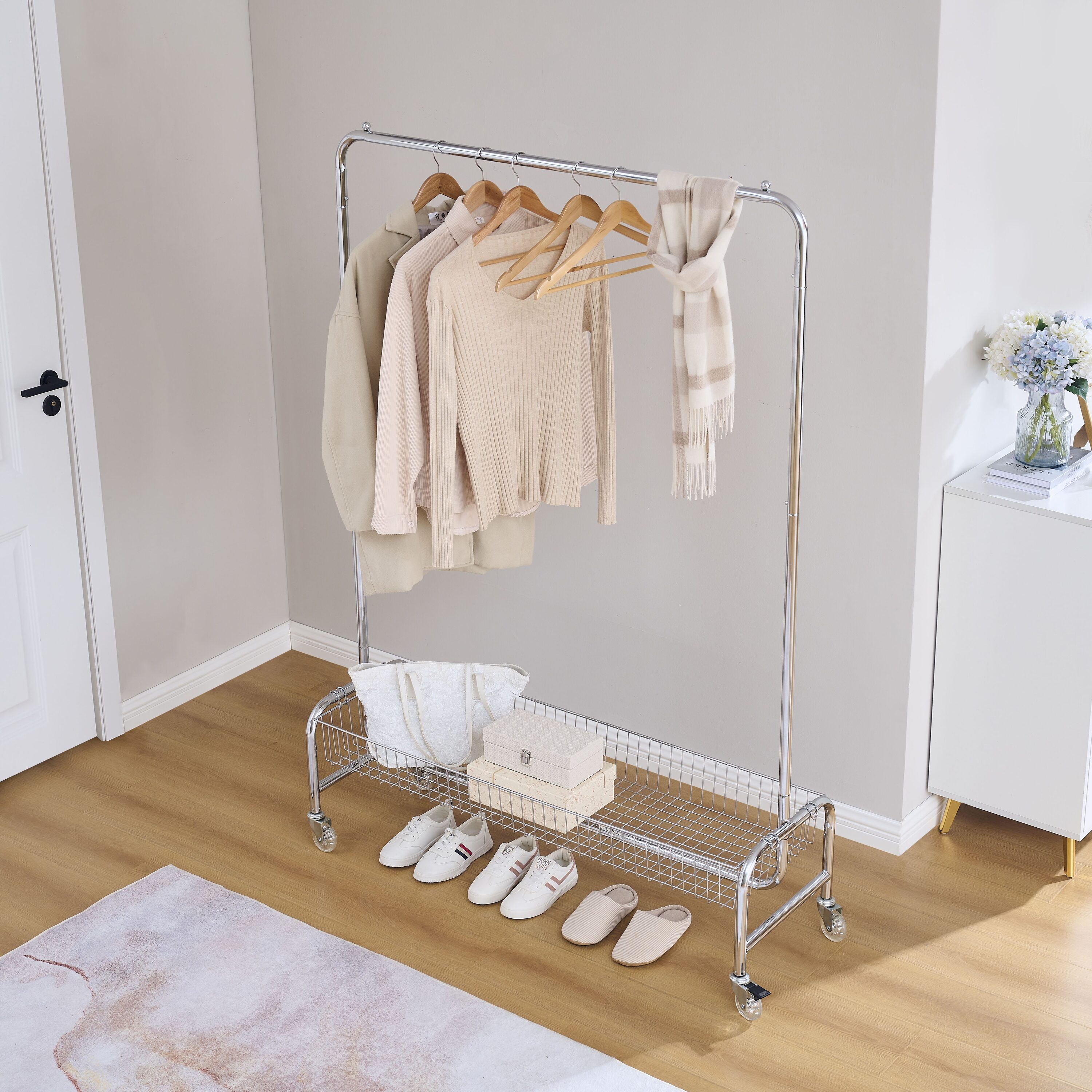 JUSHUA Garment Rack with Basket on Wheels Heavy Duty Clothes Rack 2 Pieces in One Carton