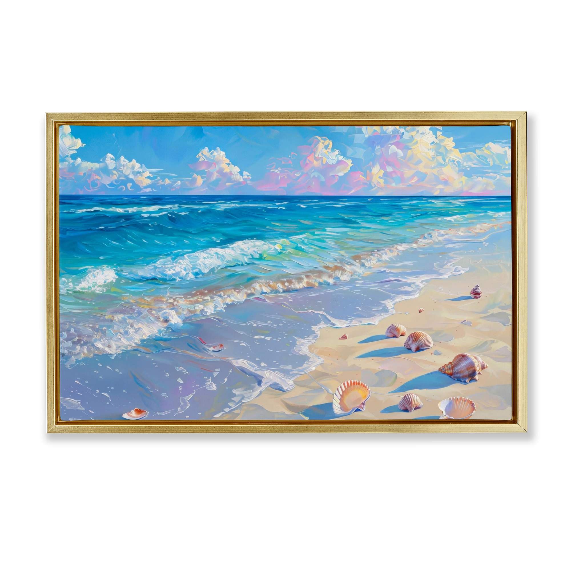 Stupell Industries BT-728-FFG-16X24 Seashells Along Sea Shore Gold Framed Floater Canvas Wall Art By LSR Design Studio 25 x 17