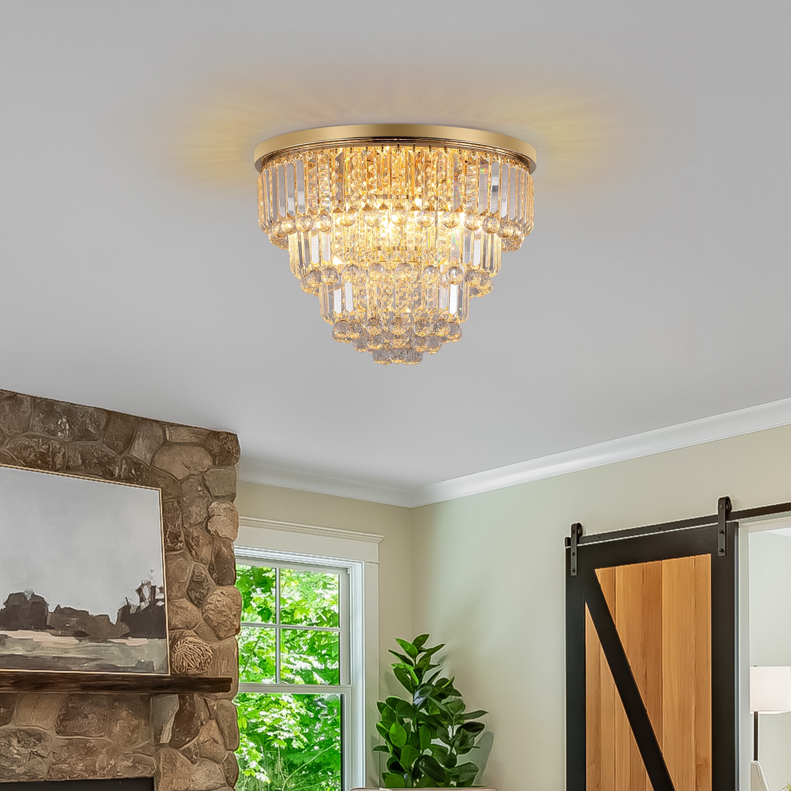 Oyezvary  Gold Modern Crystal Chandelier 19.7 Inch Wide 14.2 Inch High Large Ceiling Light Fixture for Dining Living Bedroom Uses 6 E12 Bulbs