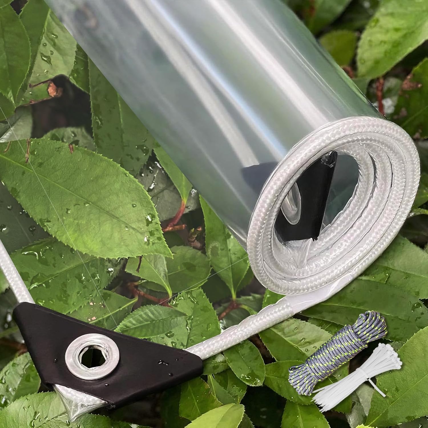 JVFCXXV  Clear Tarp 4 feet by 10 feet 15MIL Heavy Duty Transparent Waterproof Wind and Tear Resistant PVC Tarp with Cable Ties and Fixing Rope