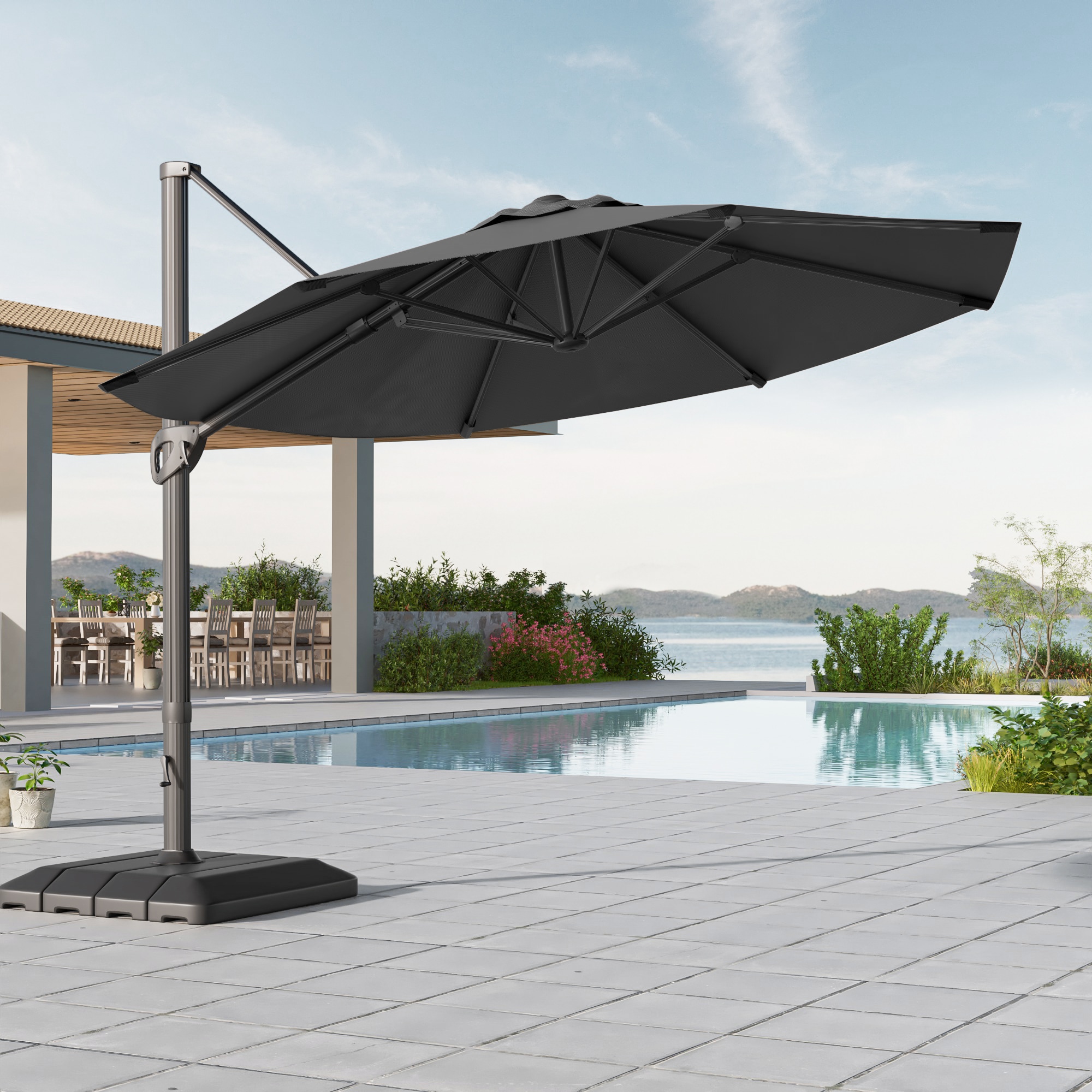 ACEGOSES LW-1159BK-LED-WB 11-ft Aluminum Black No-tilt Cantilever Patio Umbrella with Base