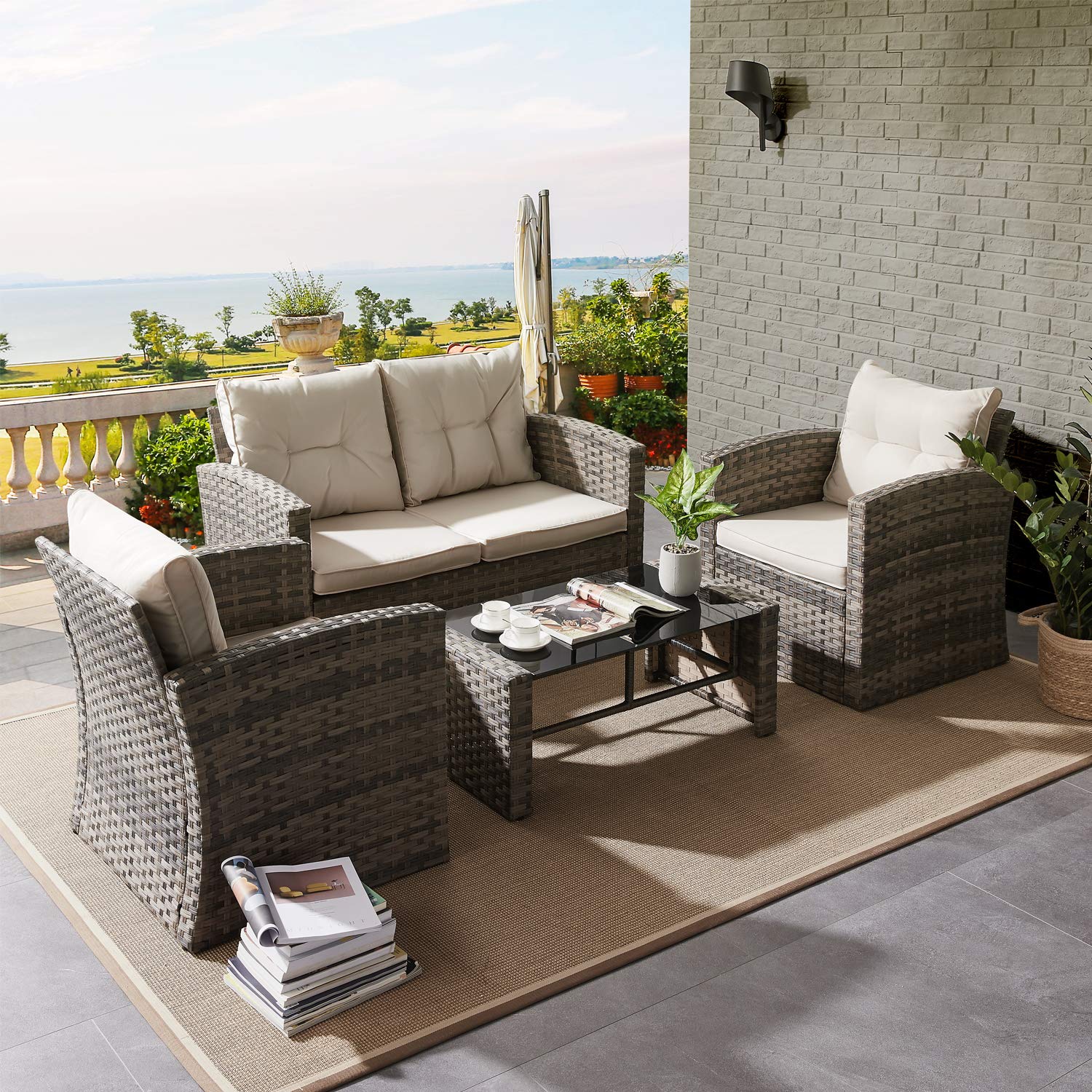LTMATE LSBLO-2502 4-Piece Rattan Patio Conversation Set with Off-white Cushions