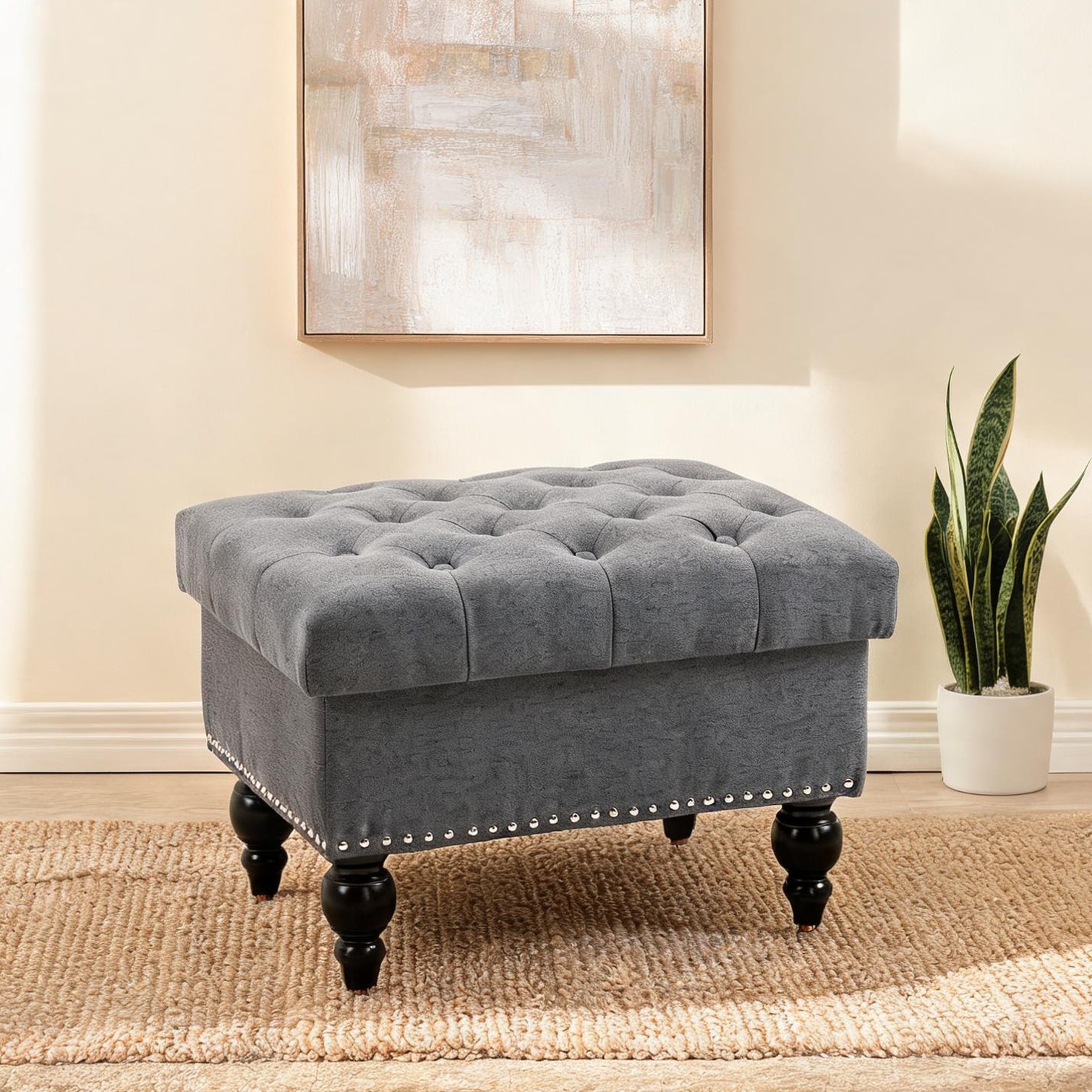 chillscreamni - 25-Inch Storage Ottoman with Button-Tufted Lid Removable Top Soft Gray Polyester ...