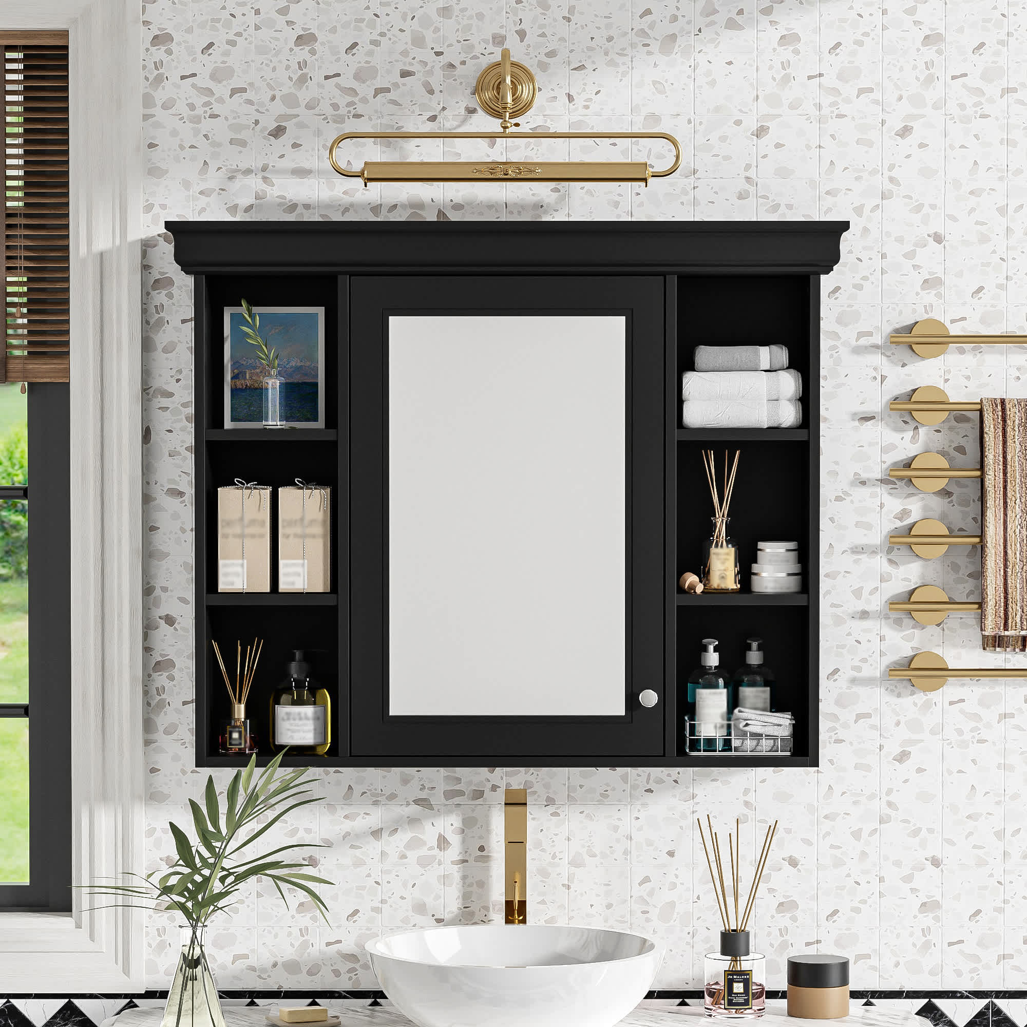 MooxvMoo 35-in x 28-in Black Wall Mounted Bathroom Storage Cabinet with Mirror Door Medicine Cabinet with 6 Open Shelves (Black)