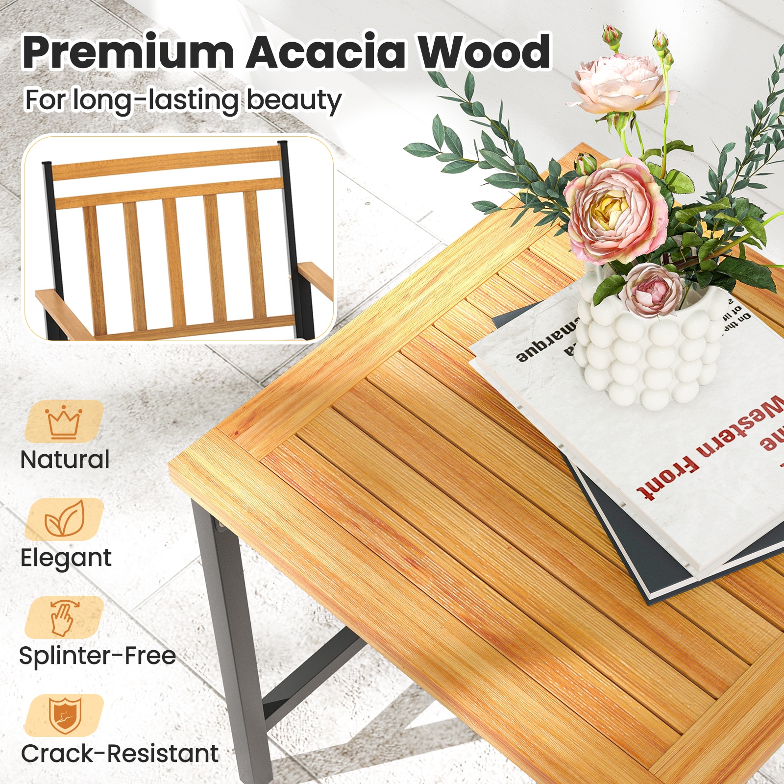 Acacia Wood and Metal 3-Piece Patio Set with Off-White Cushions