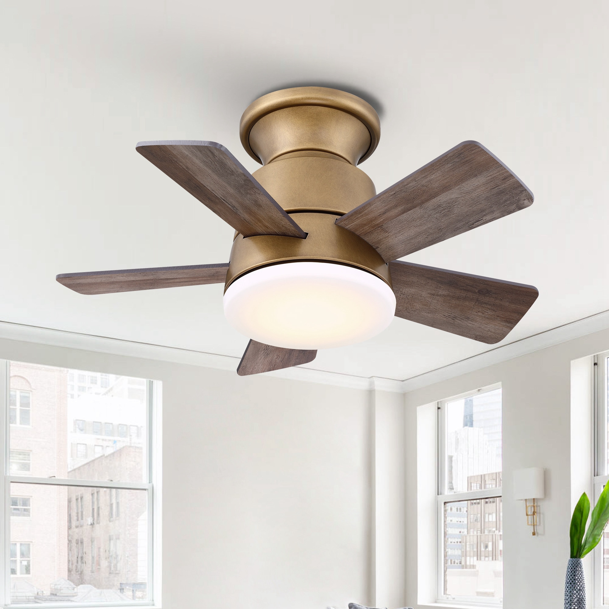 Parrot Uncle F8283NBR110V 24-in Integrated LED Flush Mount Natural Brass with Pine/Oak Blades Ceiling Fan With Light - Remote Included ( 5 -Blade )
