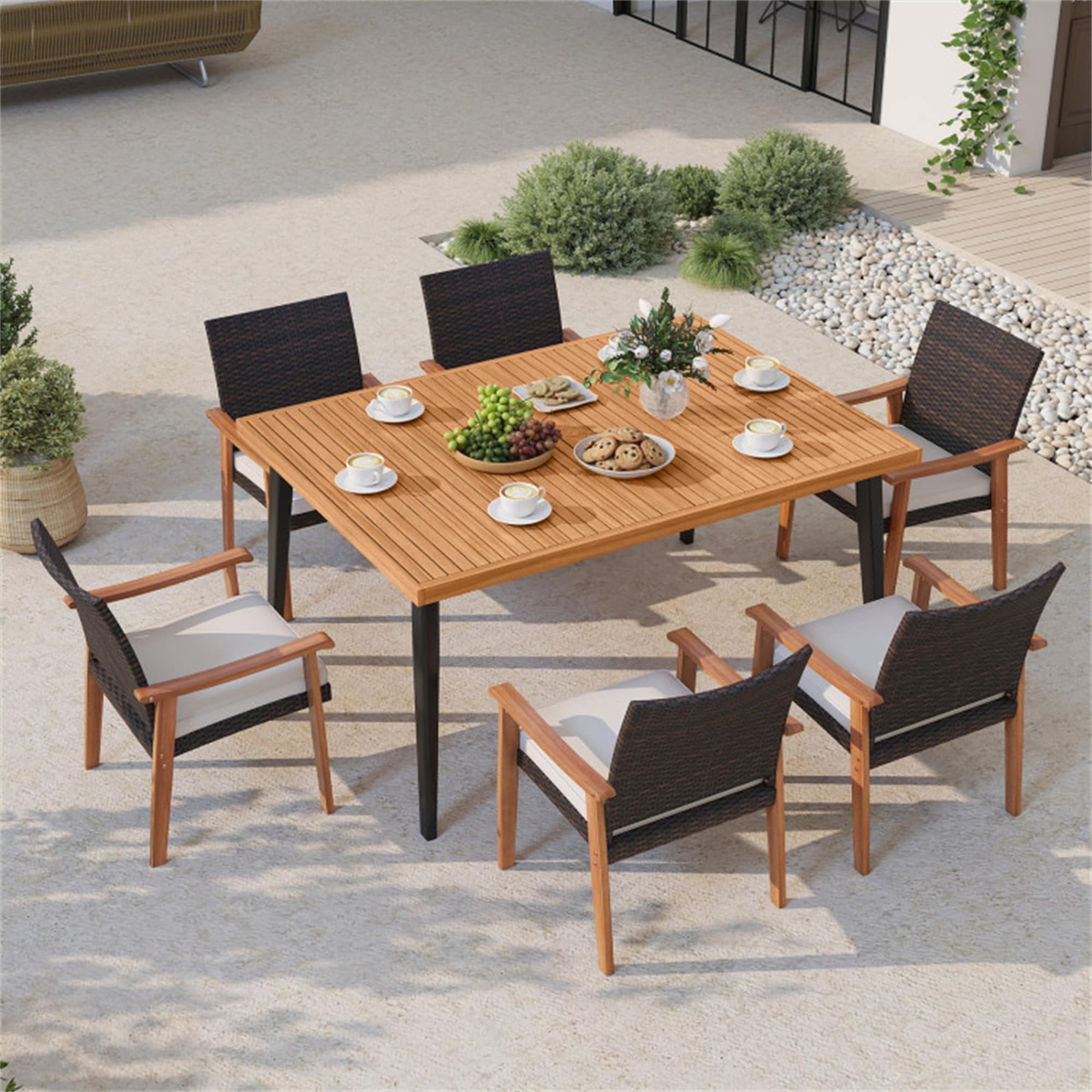 BABOOM - Patio Furniture Set 7 -Piece Natural Rattan Wood Rectangle Table with 6 White Cushions