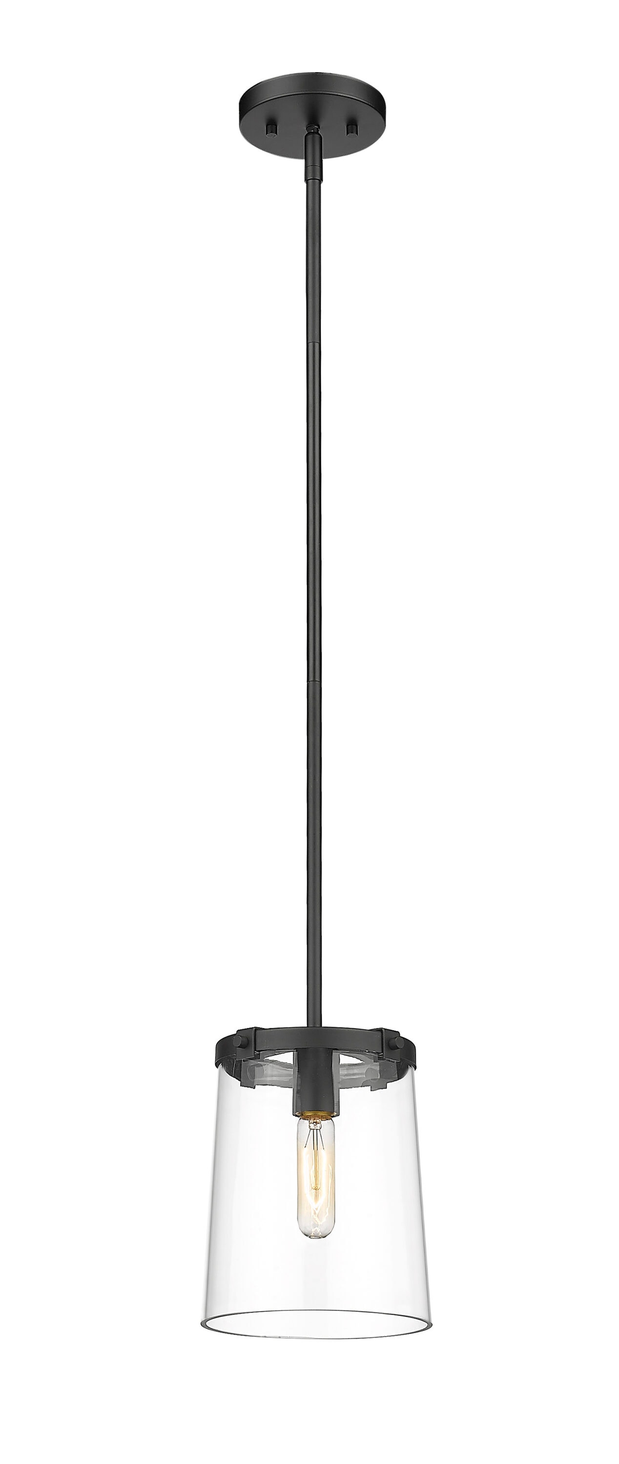 Transitional Matte Black Mini Pendant with Tapered Glass Shade