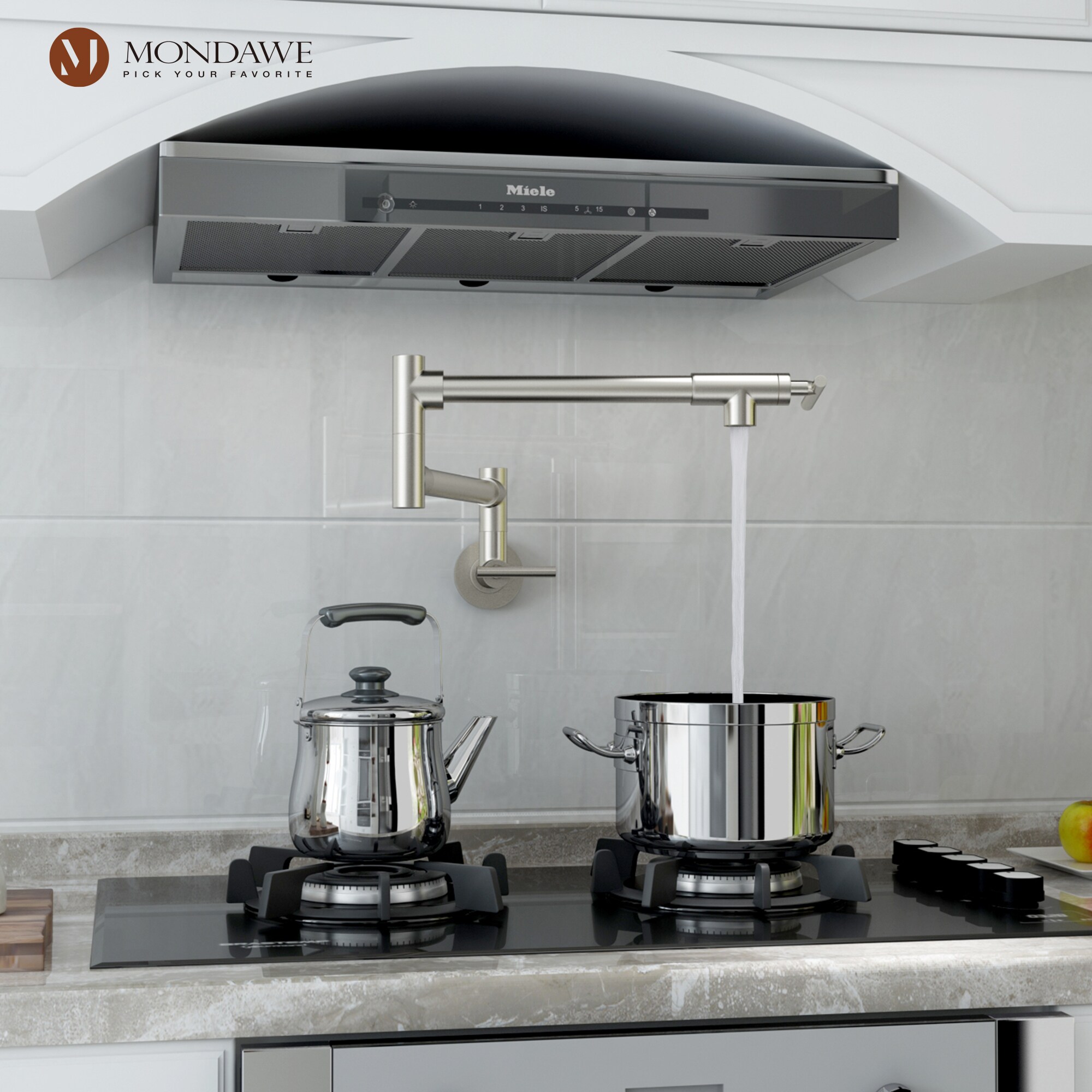 Mondawe Brushed Nickel Double Handle Wall-mount Pot Filler Kitchen Faucet
