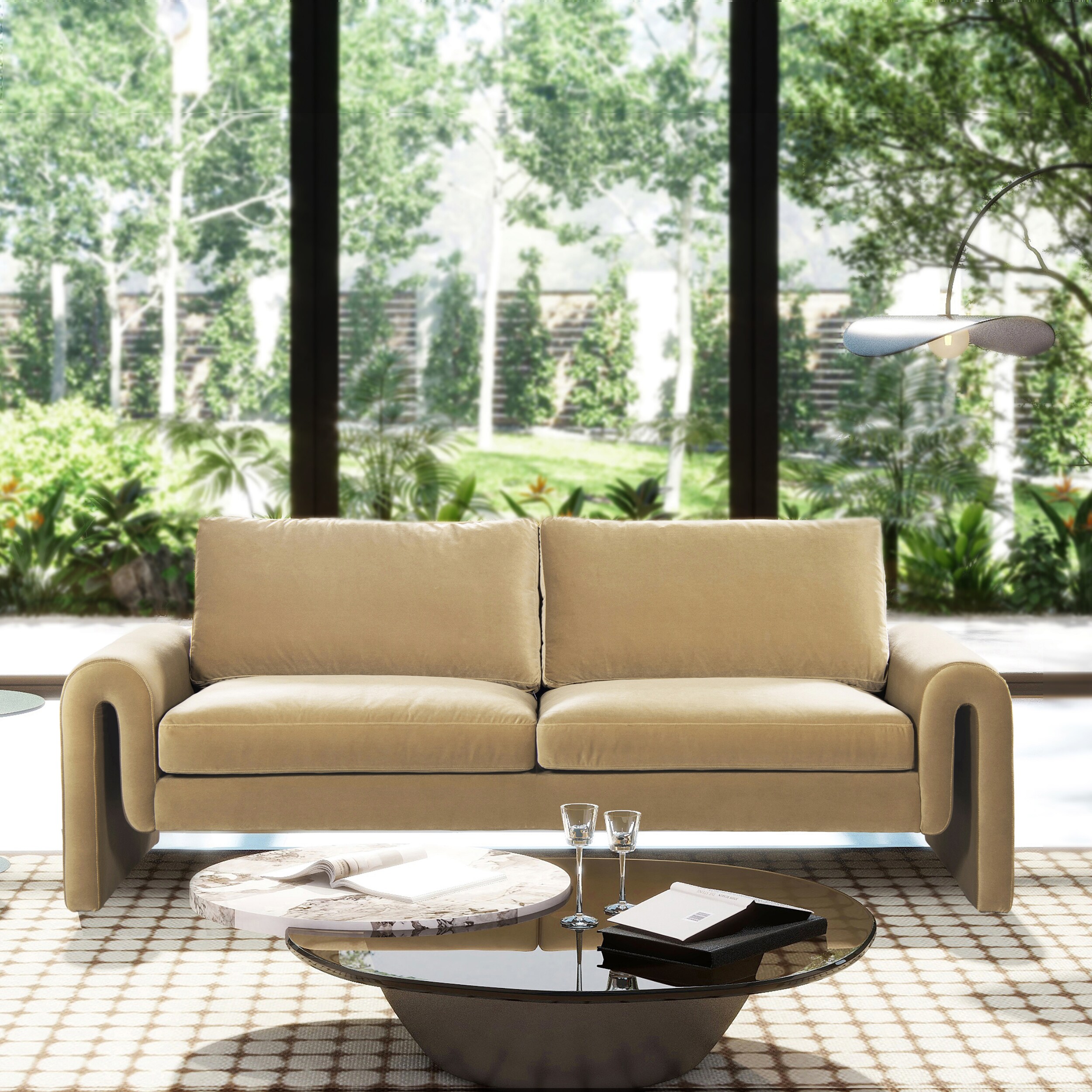 Beige velvet sofa from side angle in modern living room