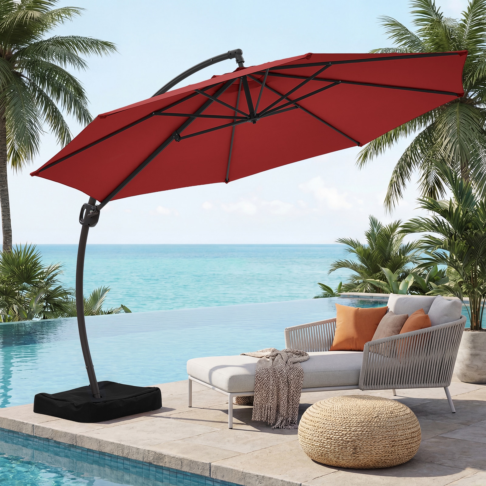 11-ft Aluminum Red Crank Cantilever Patio Umbrella with Base