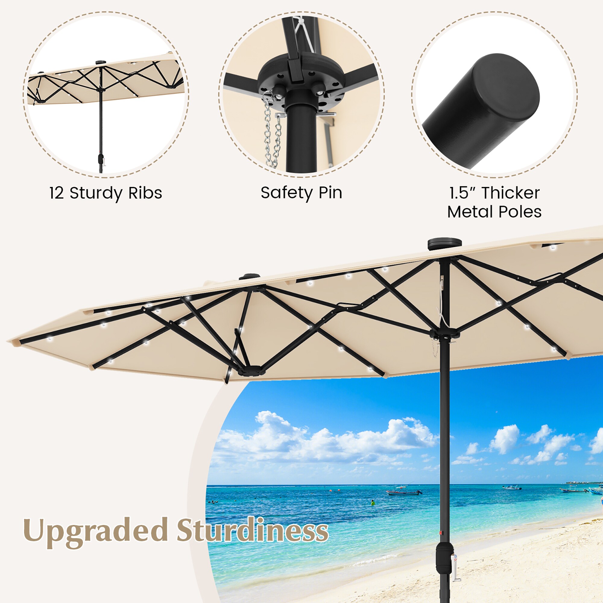 Forclover 13-ft Iron Beige Market Patio Umbrella with Lights and Base ...