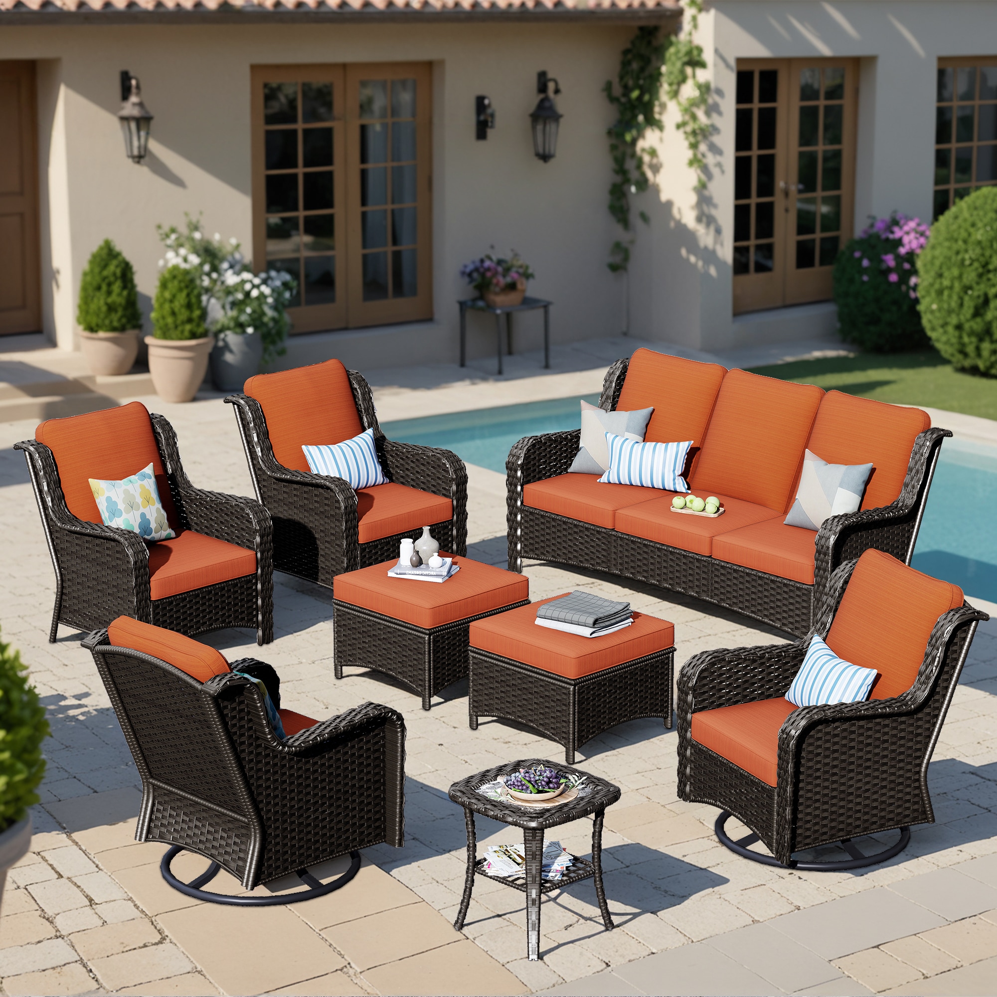 Ovios NTC-808Y 8 -Piece Wicker Patio Sofa Conversation Set with Orange Cushions