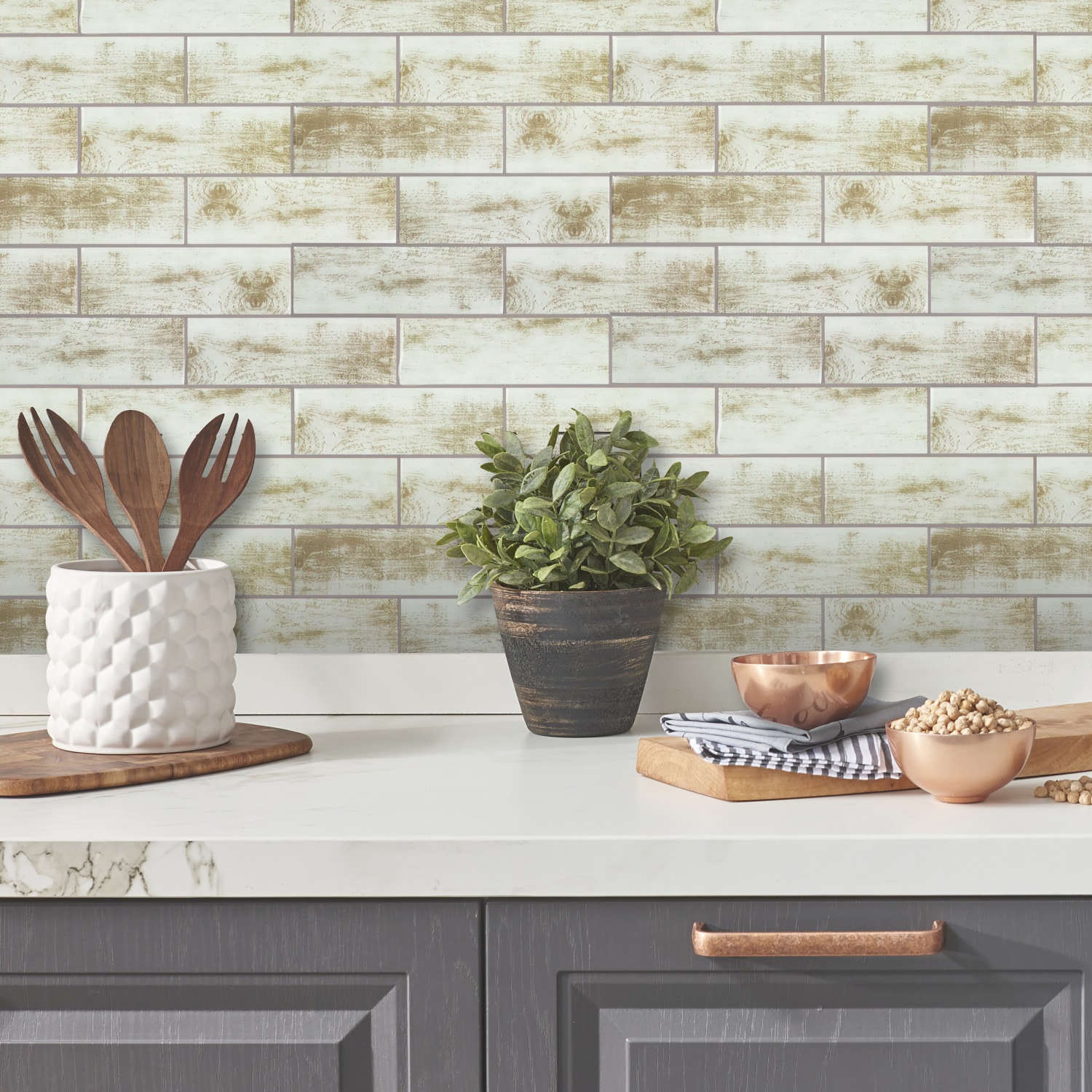 Distressed Wood White and Brown Peel and Stick Subway Tile
